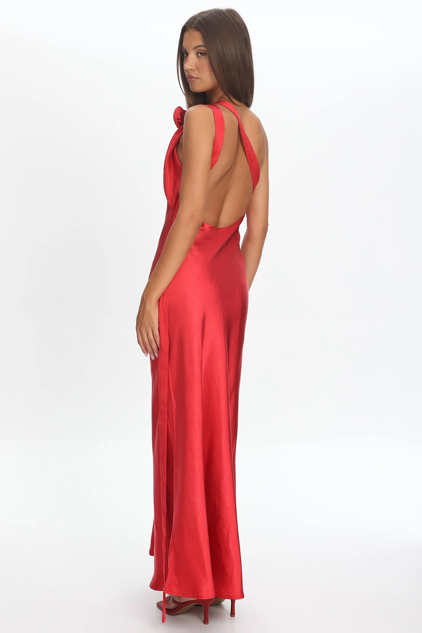 Star Fall One-Shoulder Rosette Maxi Dress Red - luluinthesky