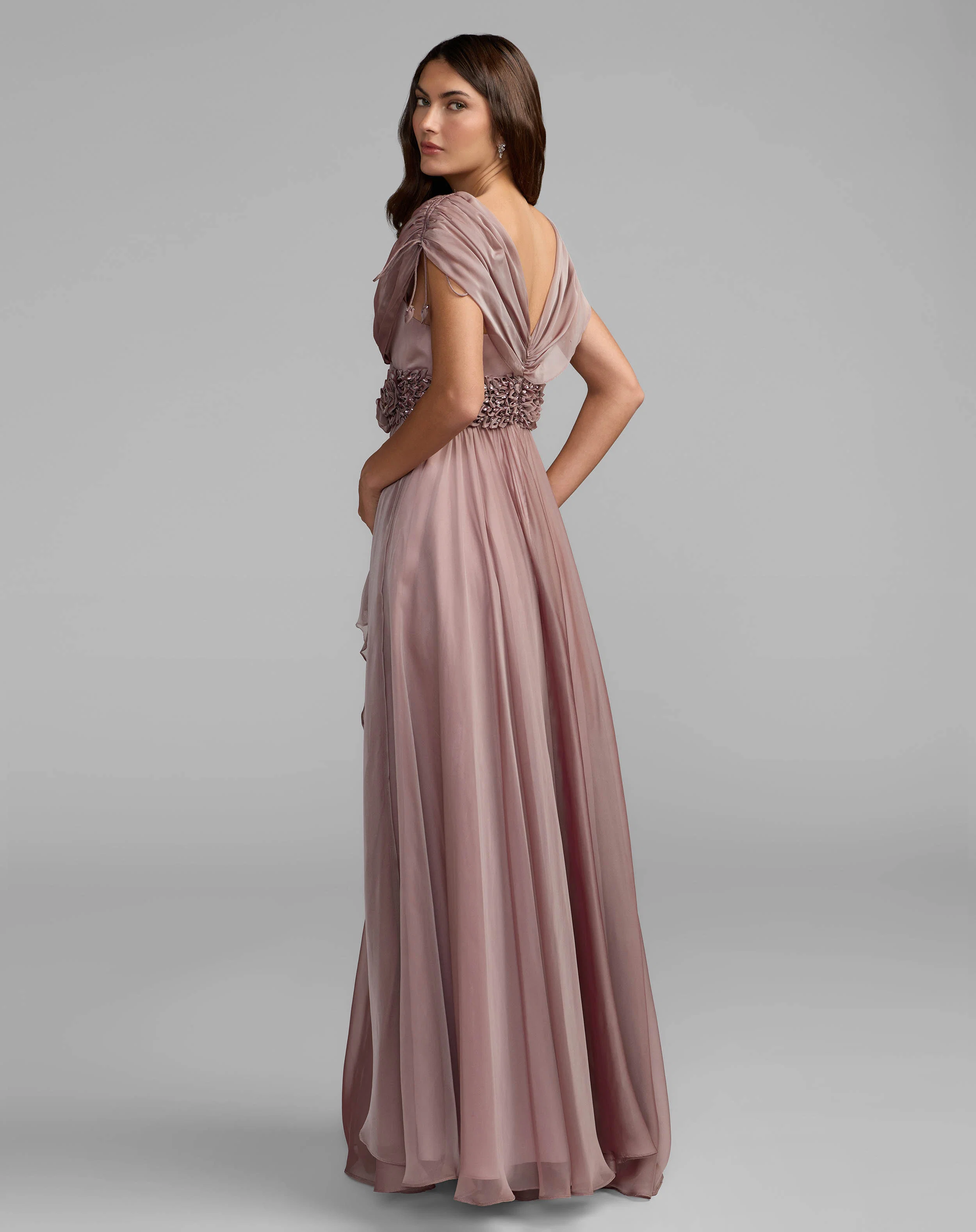 Purple Crystal Floral Waist Chiffon Gown - FASHION NOB