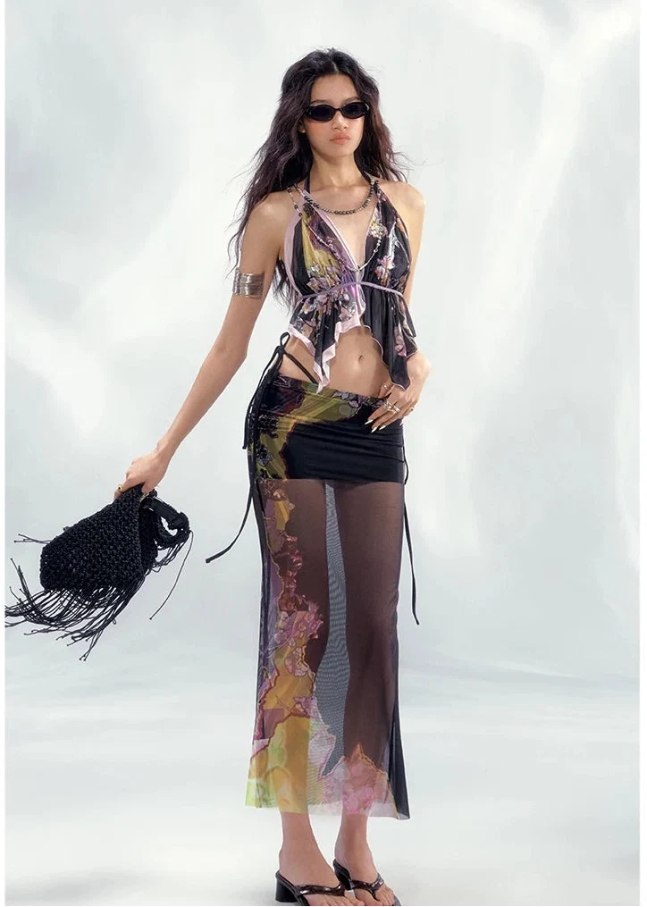 Island Climate Printed Mesh Camisole & Skirt Set