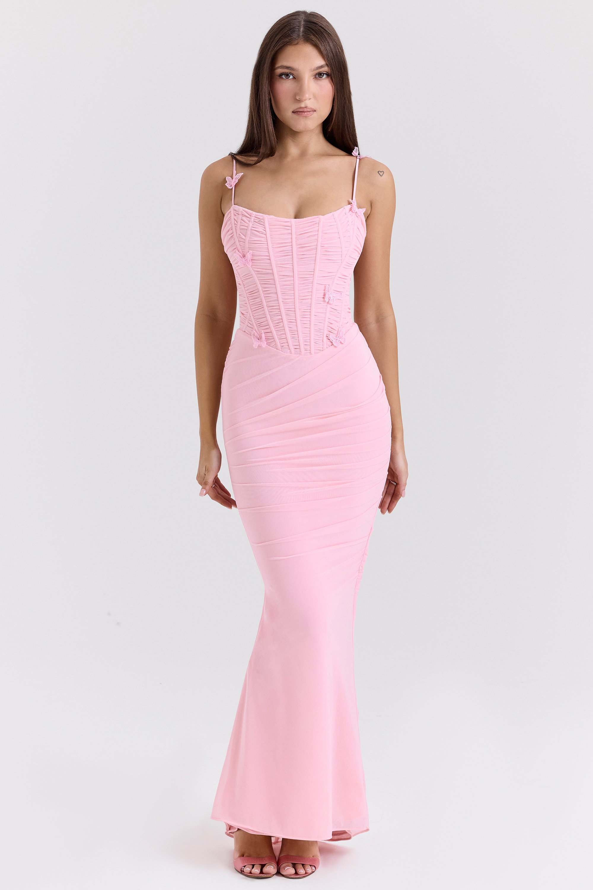 Pink Stretch Mesh Butterfly Maxi Dress