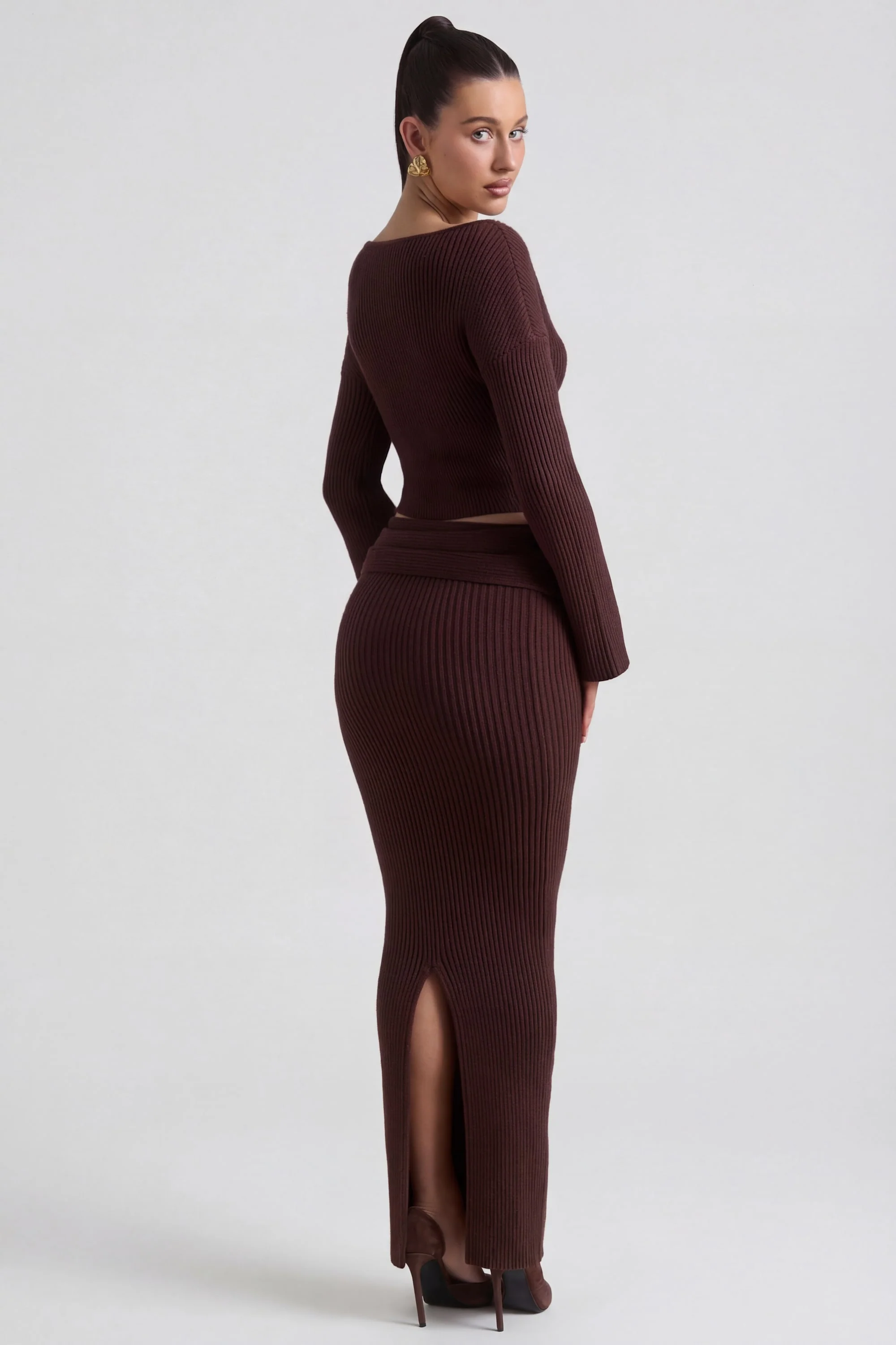 Ribbed-Knit Foldover Maxi Skirt in Espresso