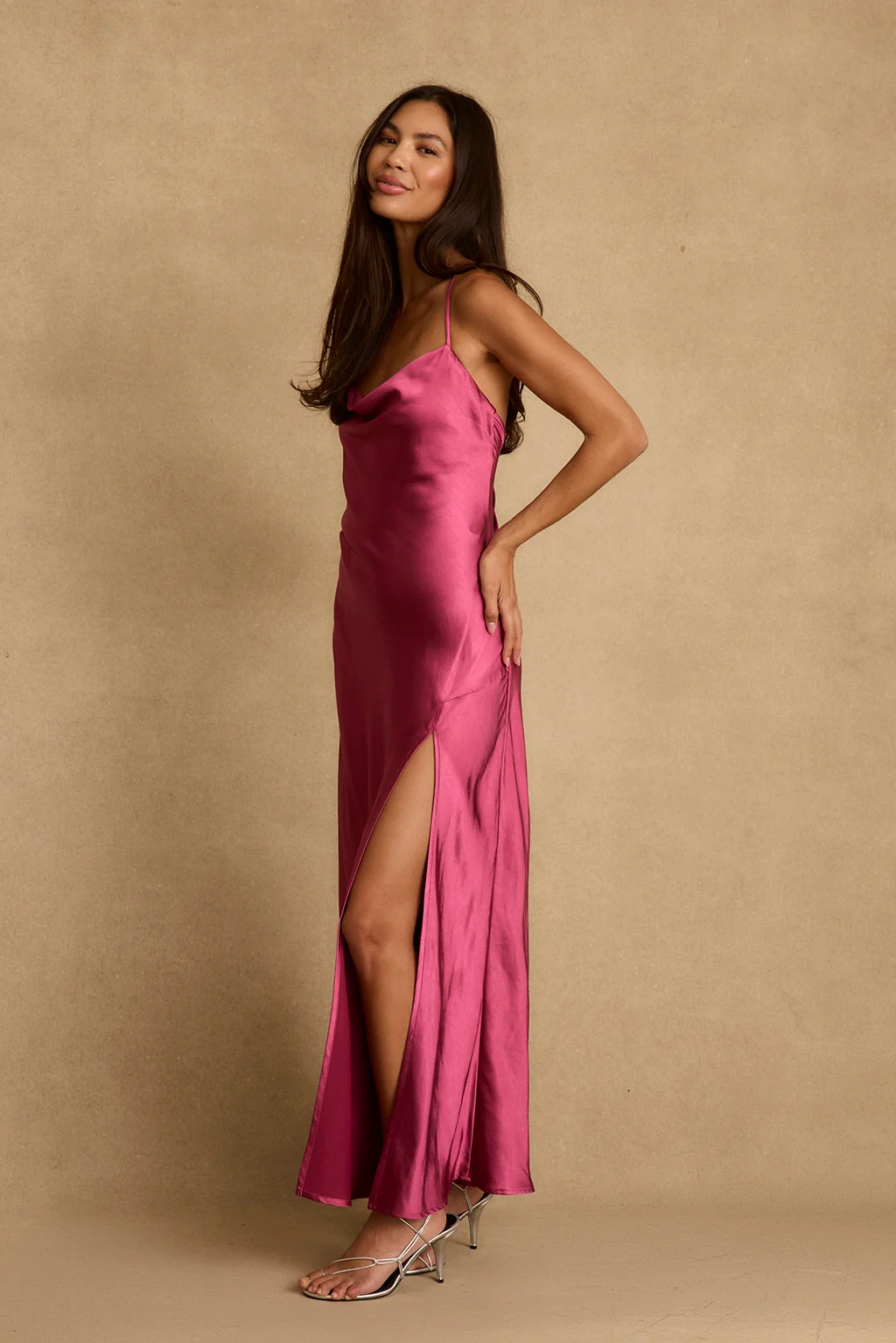 Natalia Fuchsia Satin Maxi Dress