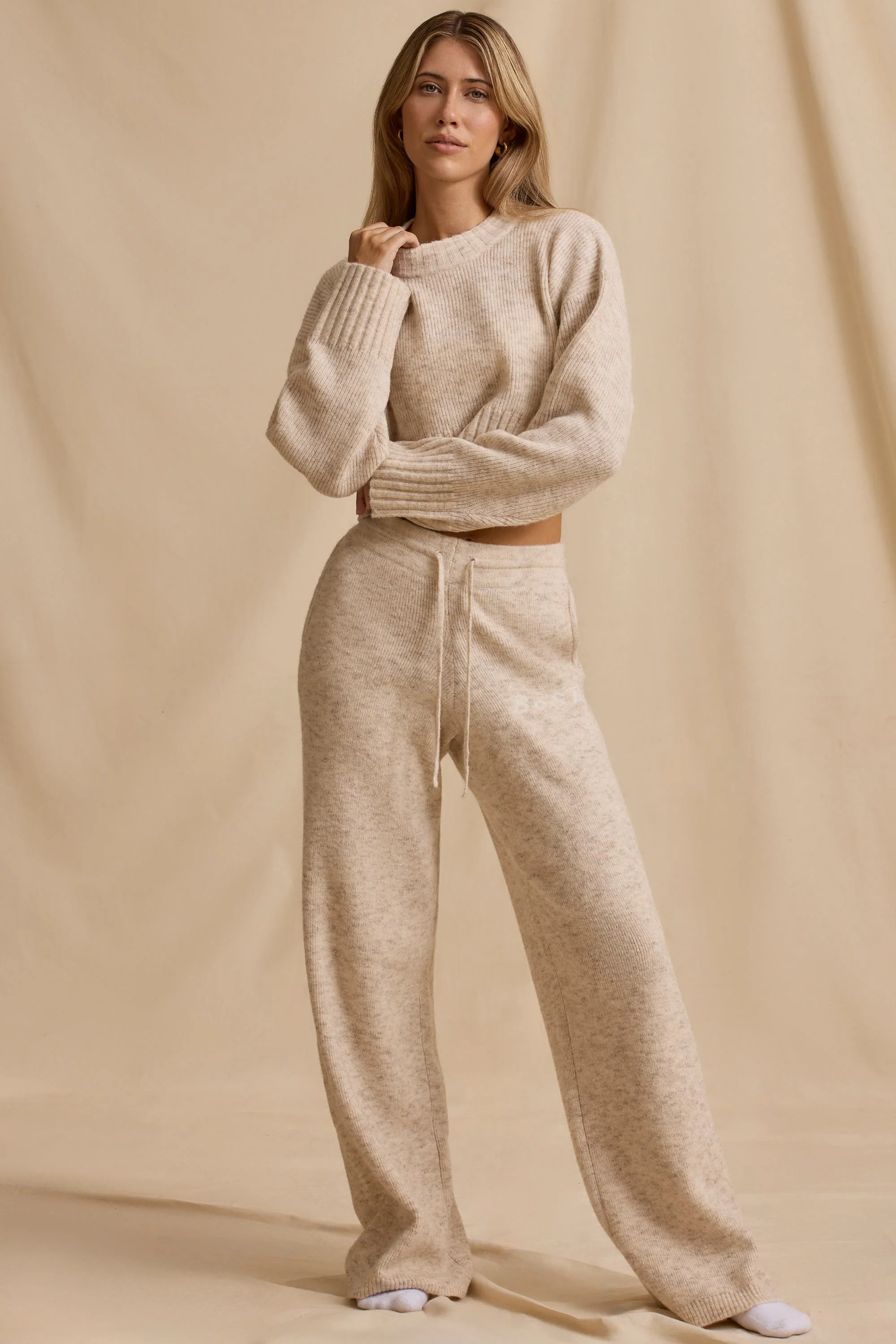 Ribbed Knit Mid-Rise Wide-Leg Joggers in Cream Marl