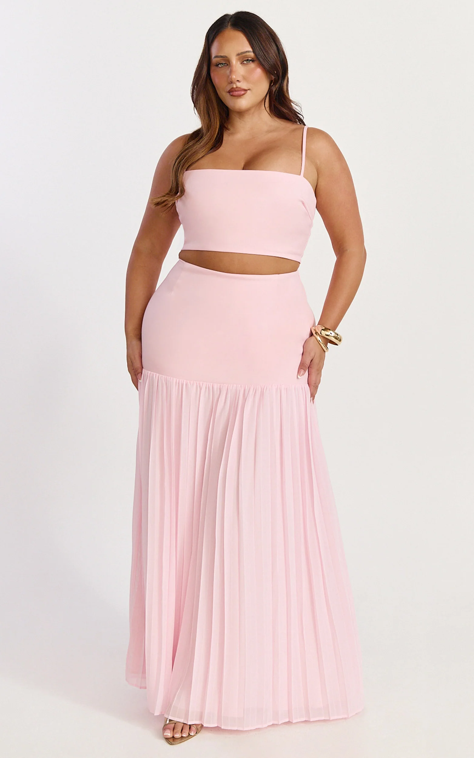 Rowan Two Piece Top and Skirt Set - Square Neck Crop Top and High Waist Pleated Maxi Skirt Set in Pink