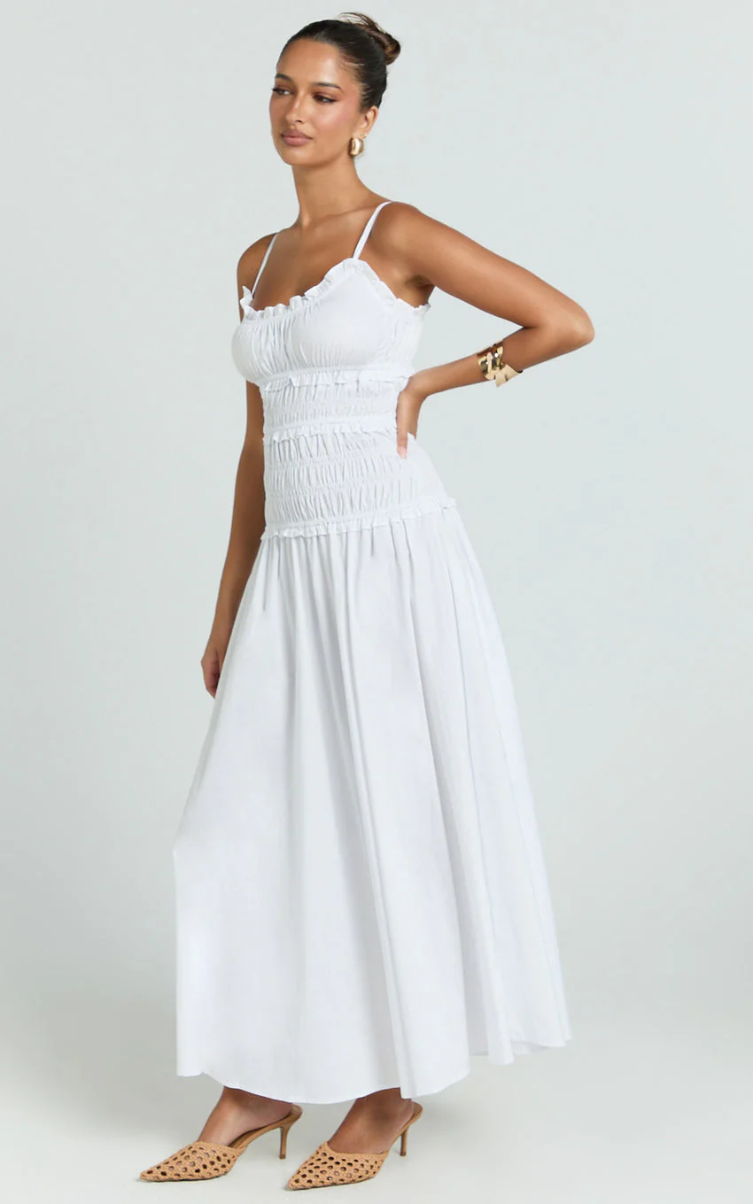 Cami Midi Dress - Rushed Bodice Dress in White - luluinthesky
