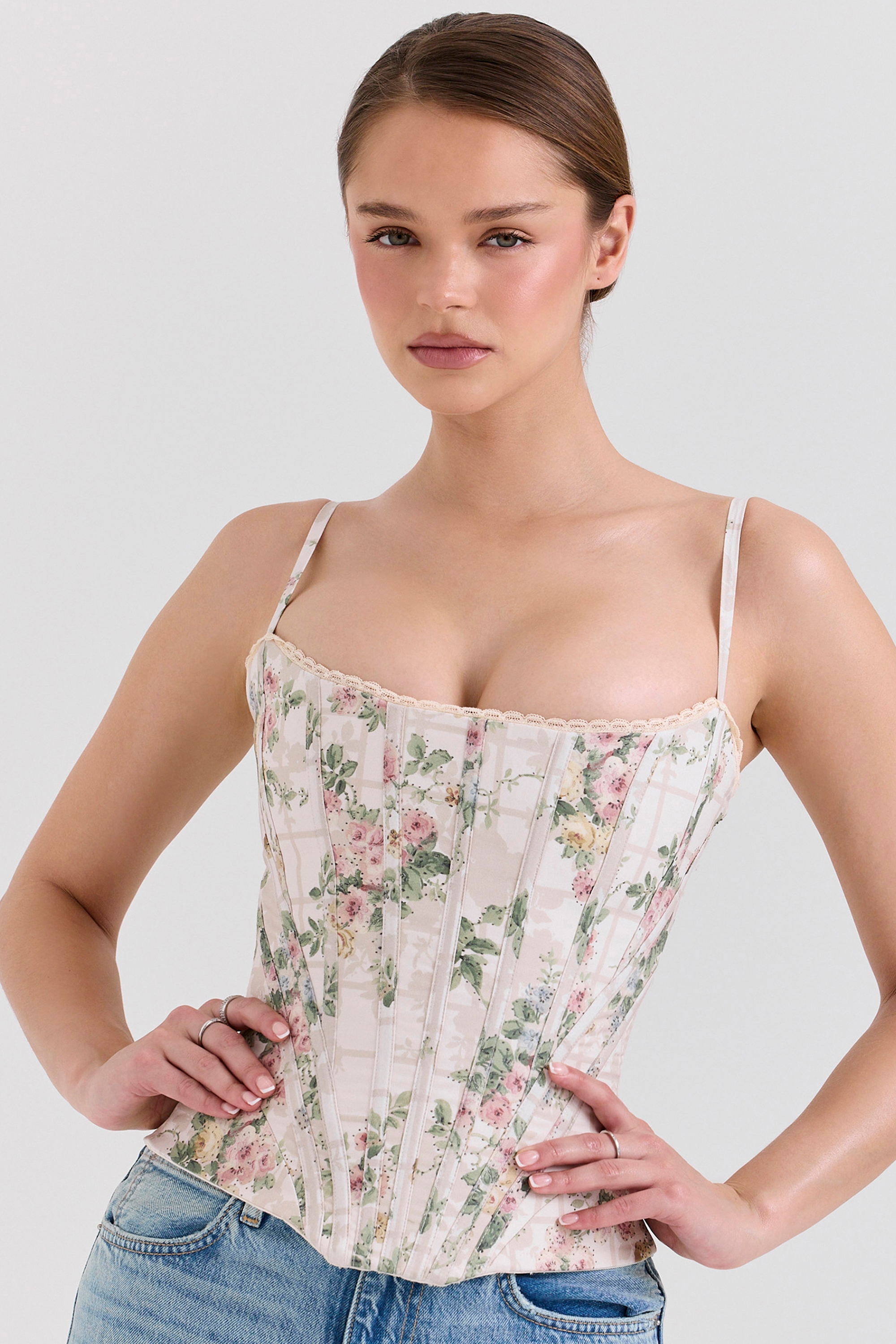 cream floral cotton corset top