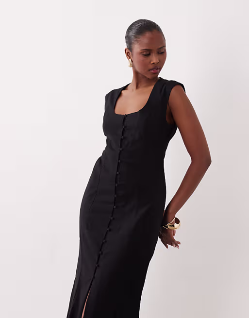 square neck button down midi sundress in black