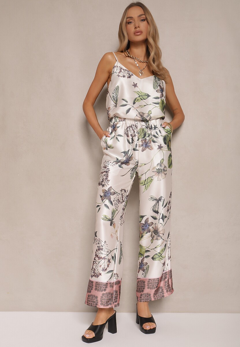 Beżowe Spodnie z Wiskozą o Szerokim Kroju High Waist w Kwiaty Davilsa