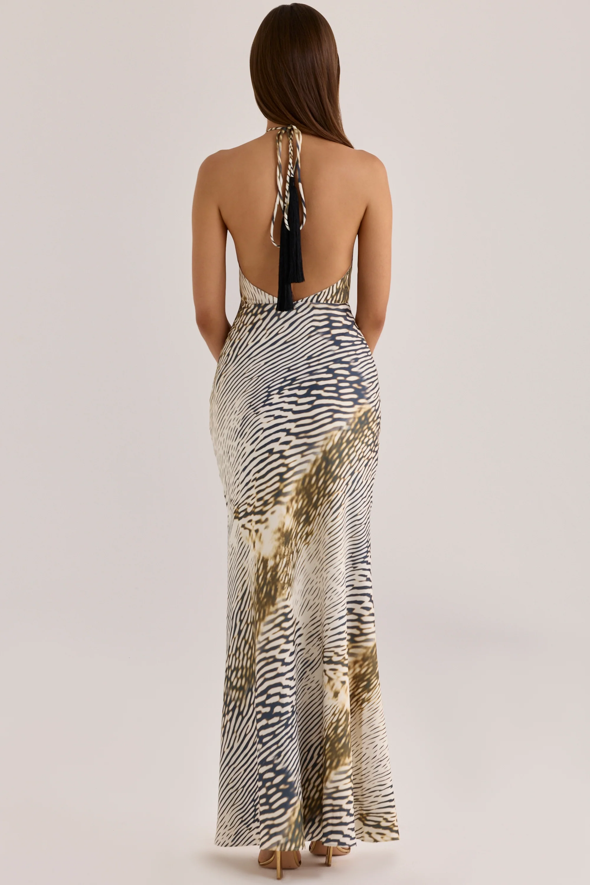 Animal Print Satin Halter Neck Maxi Slip Dress