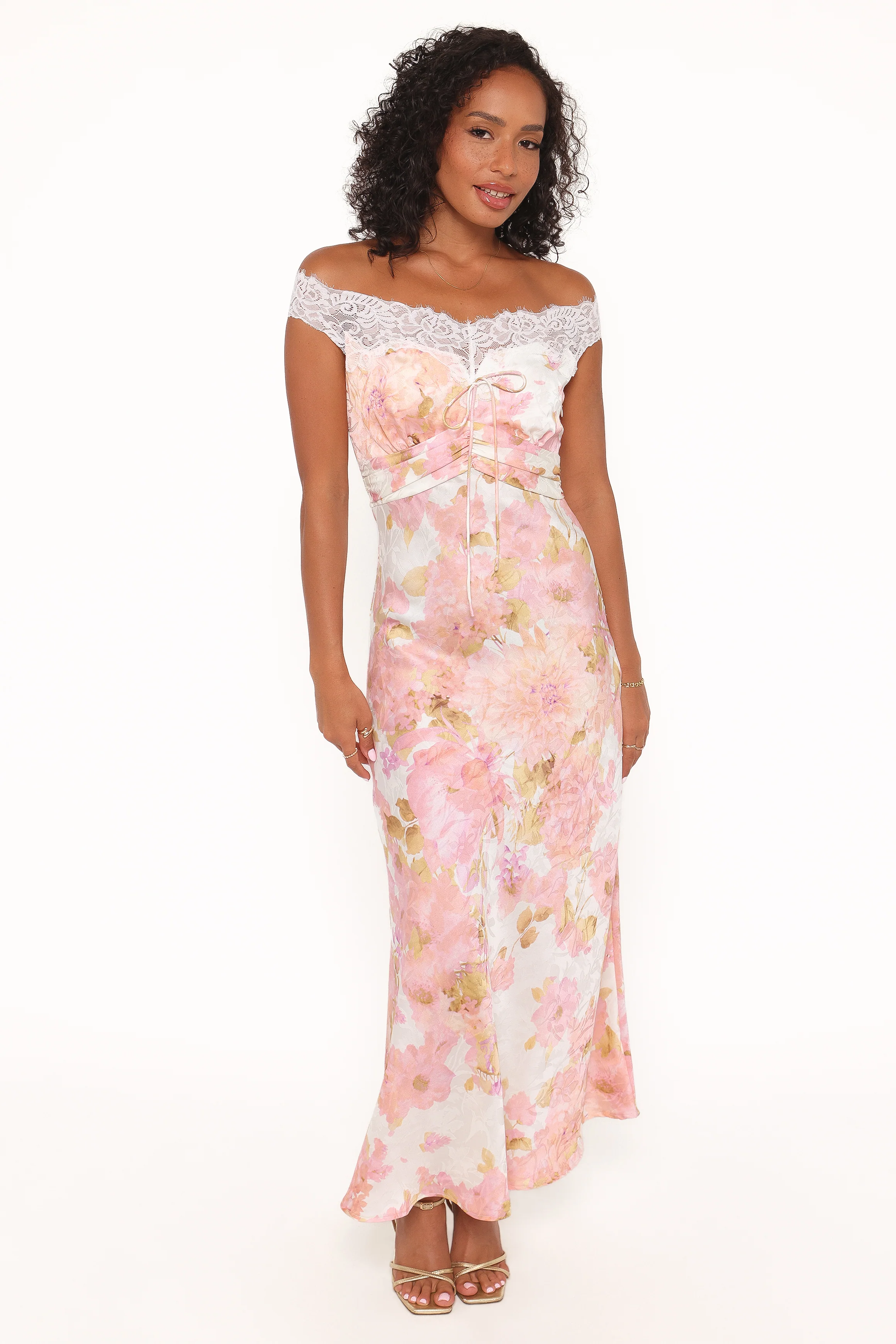 Voss Off Shoulder Lace Maxi Dress - Pink Floral