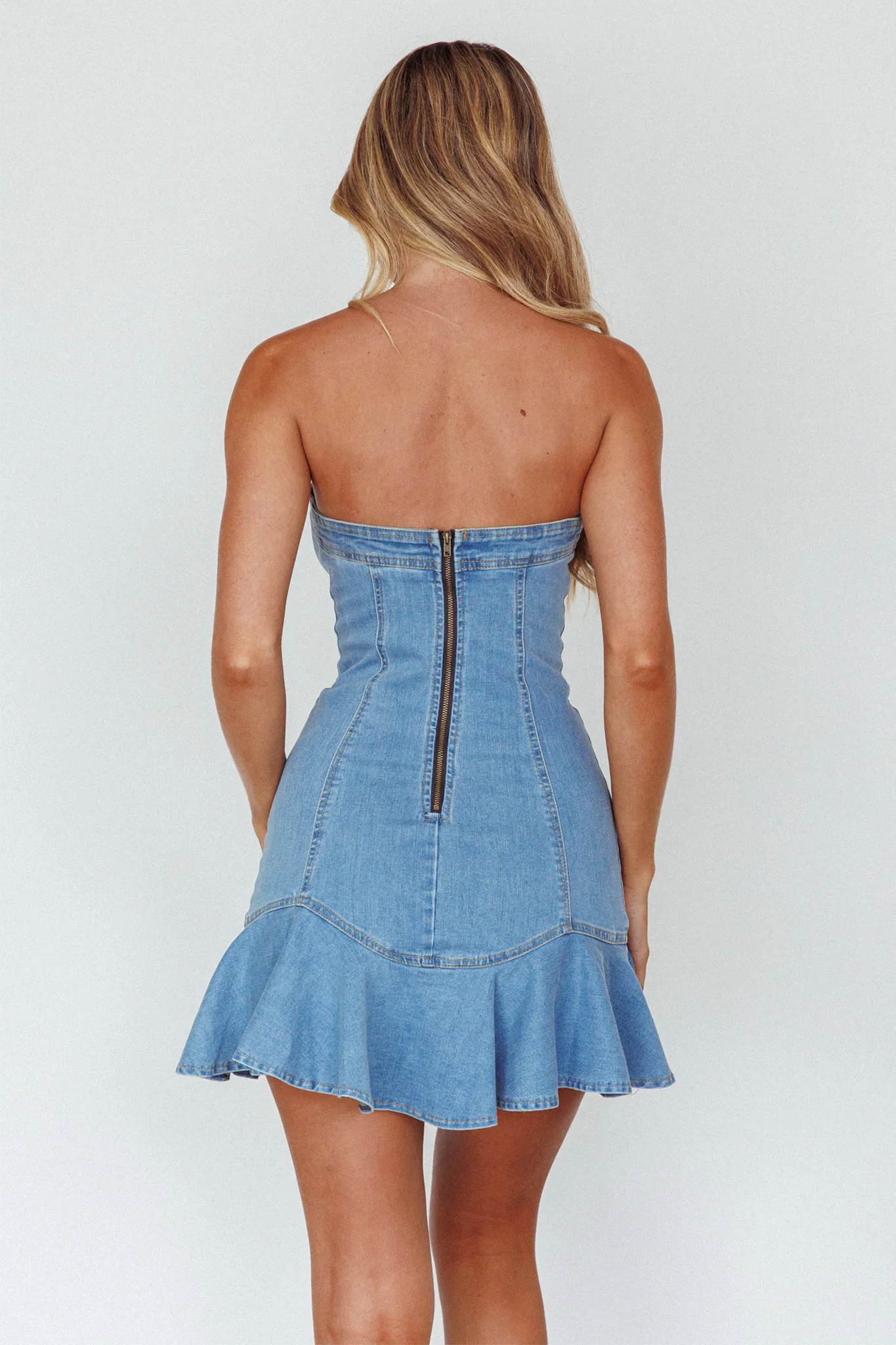 Cathlin Strapless Ruffle Hem Dress Blue