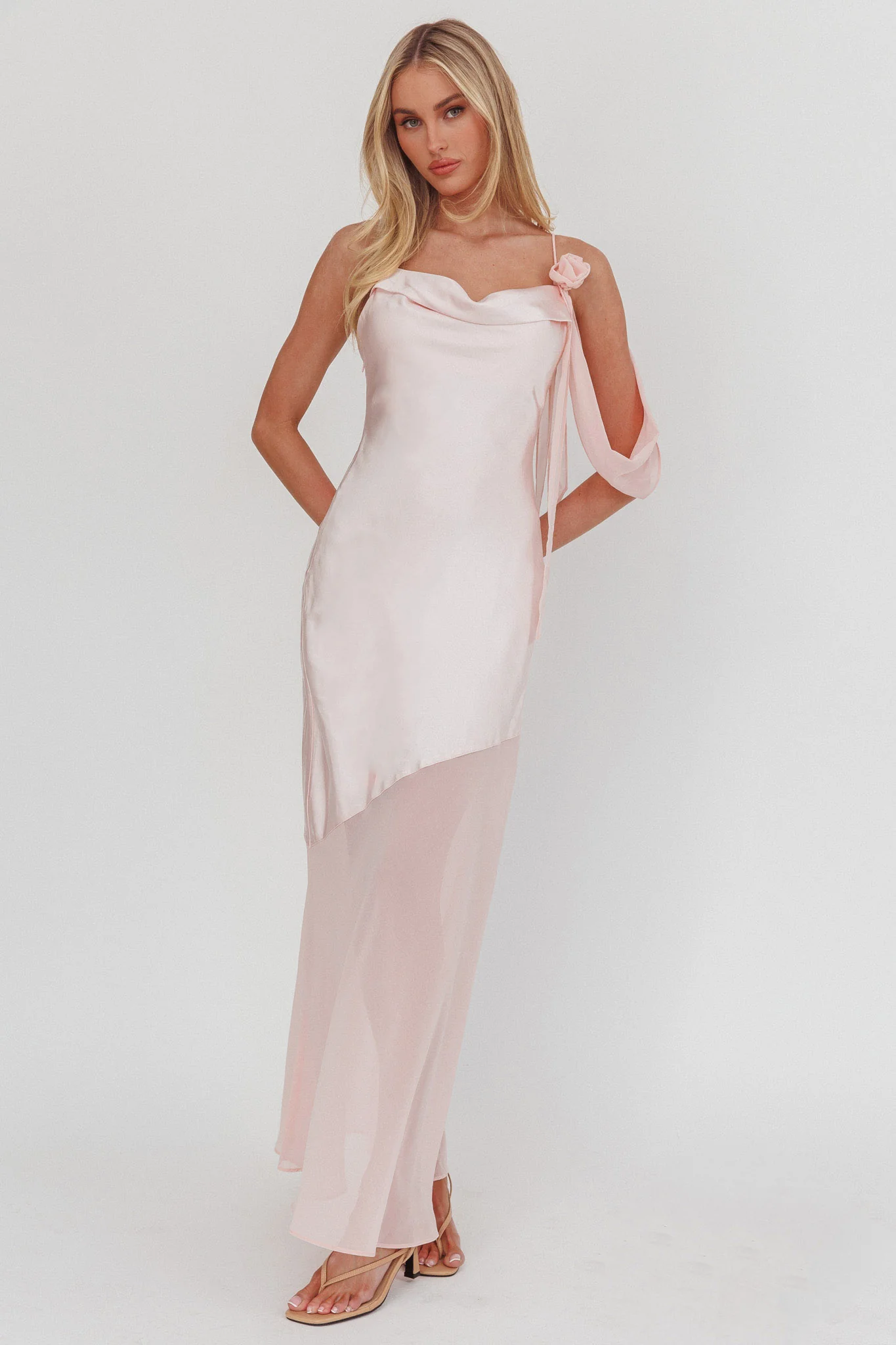 Gilded Dream Shoulder Detail Chiffon Hem Maxi Dress Blush
