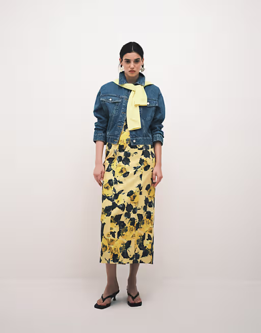 cotton sateen cami maxi sundress with bust detailing in yellow print