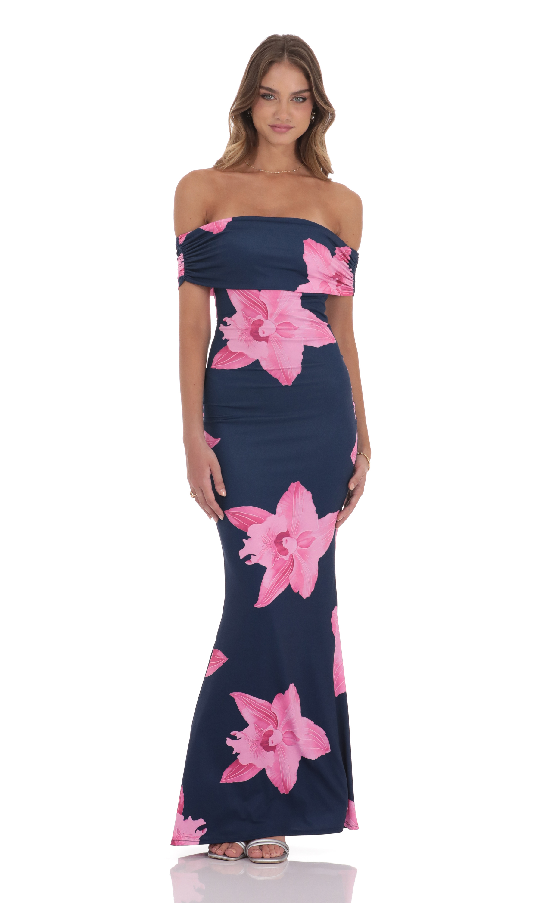 Off Shoulder Pink Floral Maxi Dress in Navy