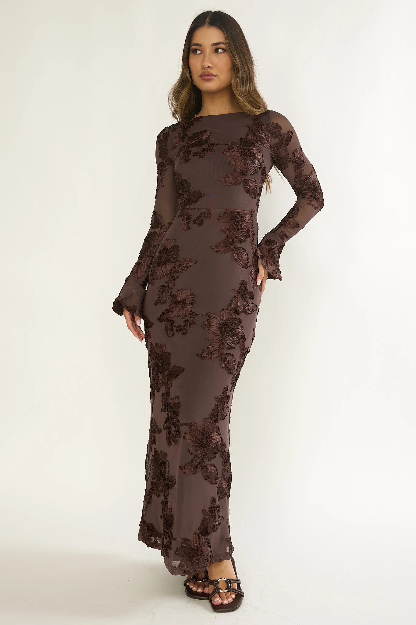 Helsi Long Sleeve Embellished Maxi Dress Brown - elegeleges