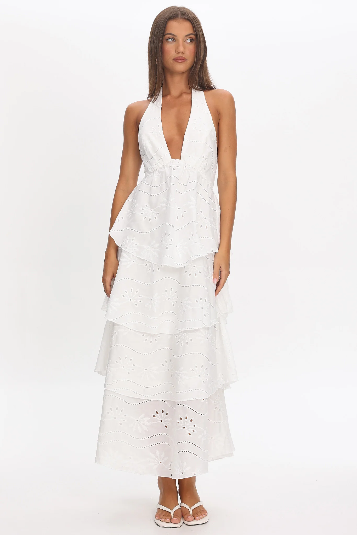 Catalina Tiered Halter Maxi Dress Eyelet White - luluinthesky