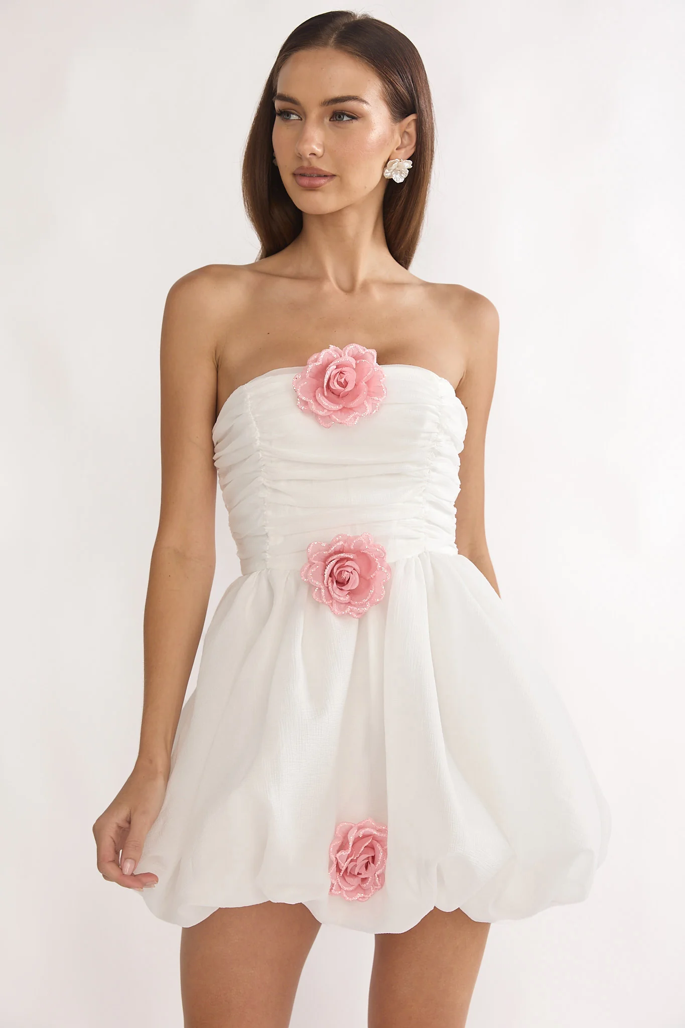 Cassandrae Rosette Strapless Mini Dress White