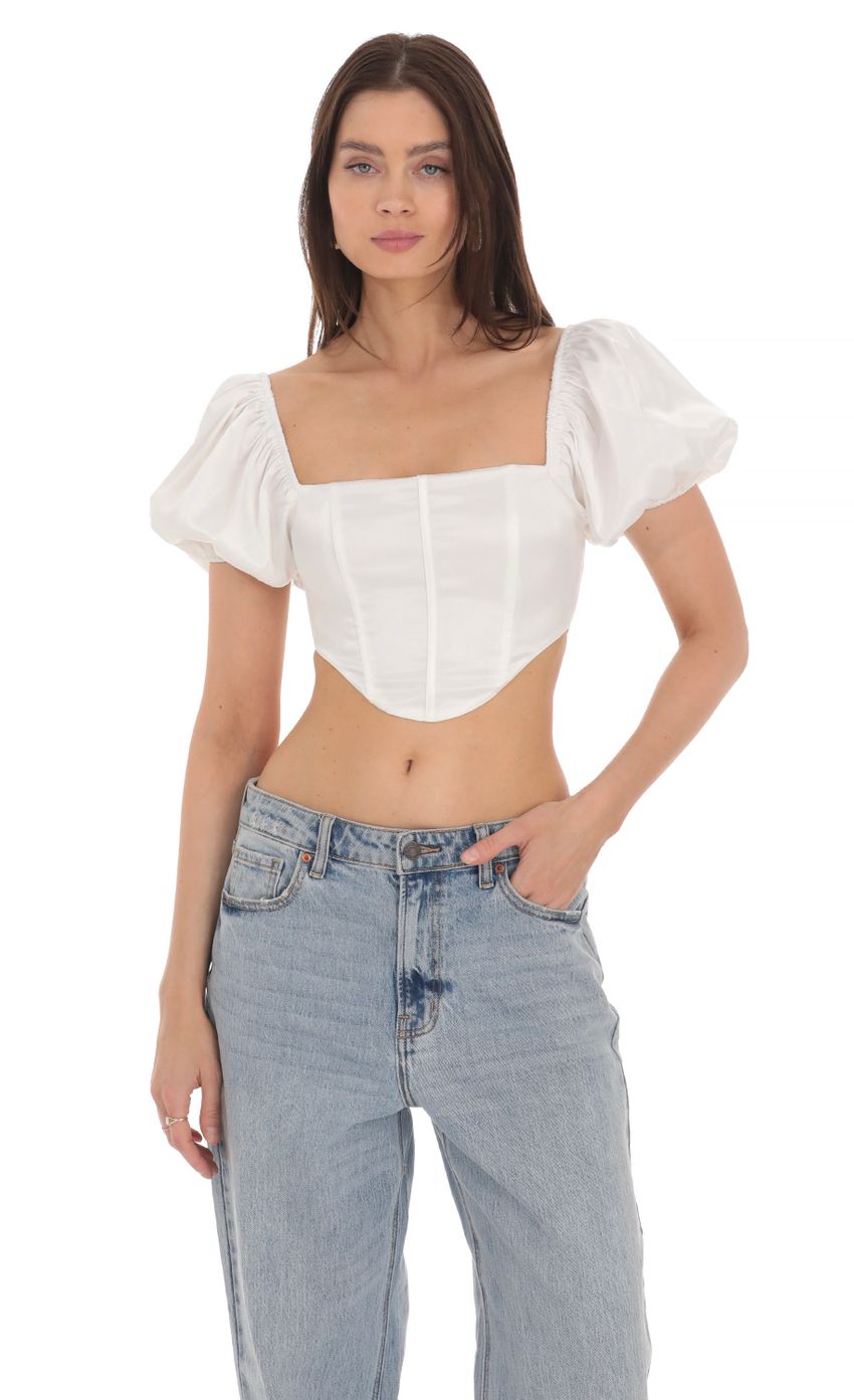 Satin Puff Sleeve Corset Top in White