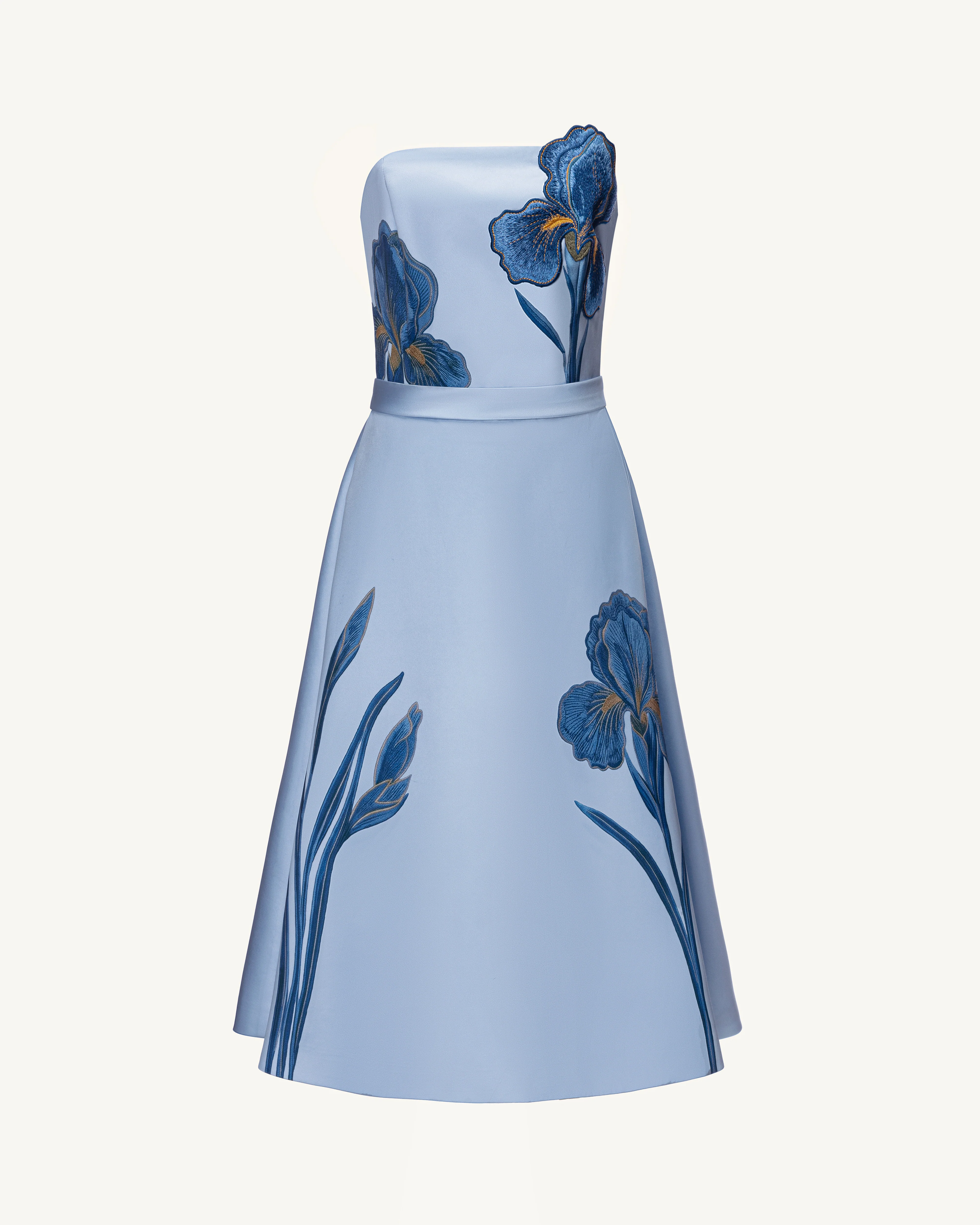 Iris Embroidered Strapless A-Line Midi Dress - Dusty Blue - FASHION NOB