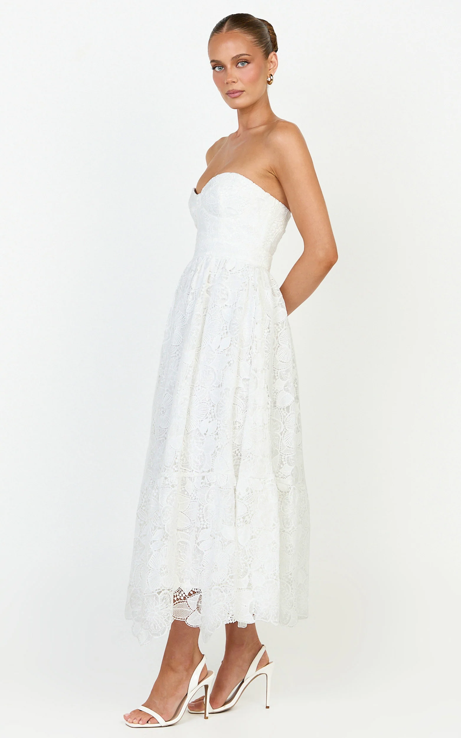 Gabriela Midi Dress - Strapless Lace Dress in White