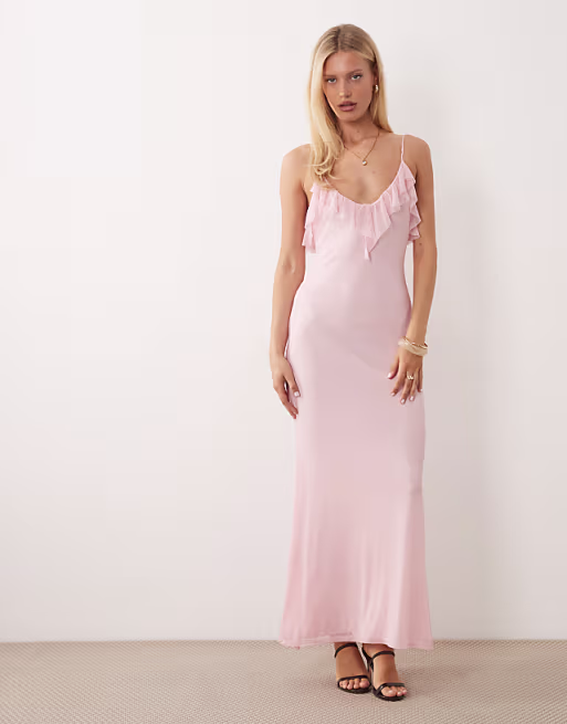 mesh plunge maxi dress with backless ruffle detail in baby pink