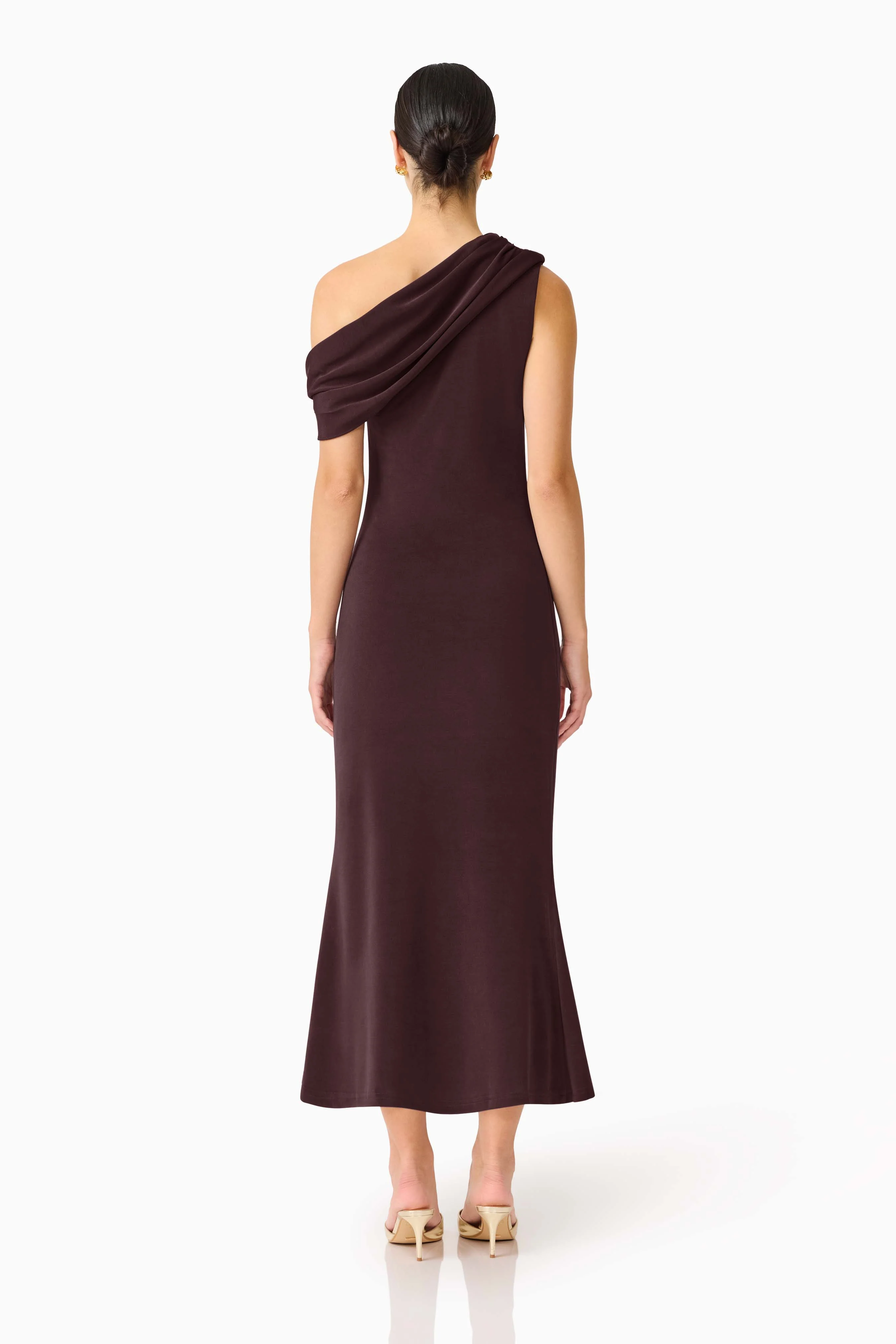 Simone One Shoulder Maxi Dress in Chocolate Brown