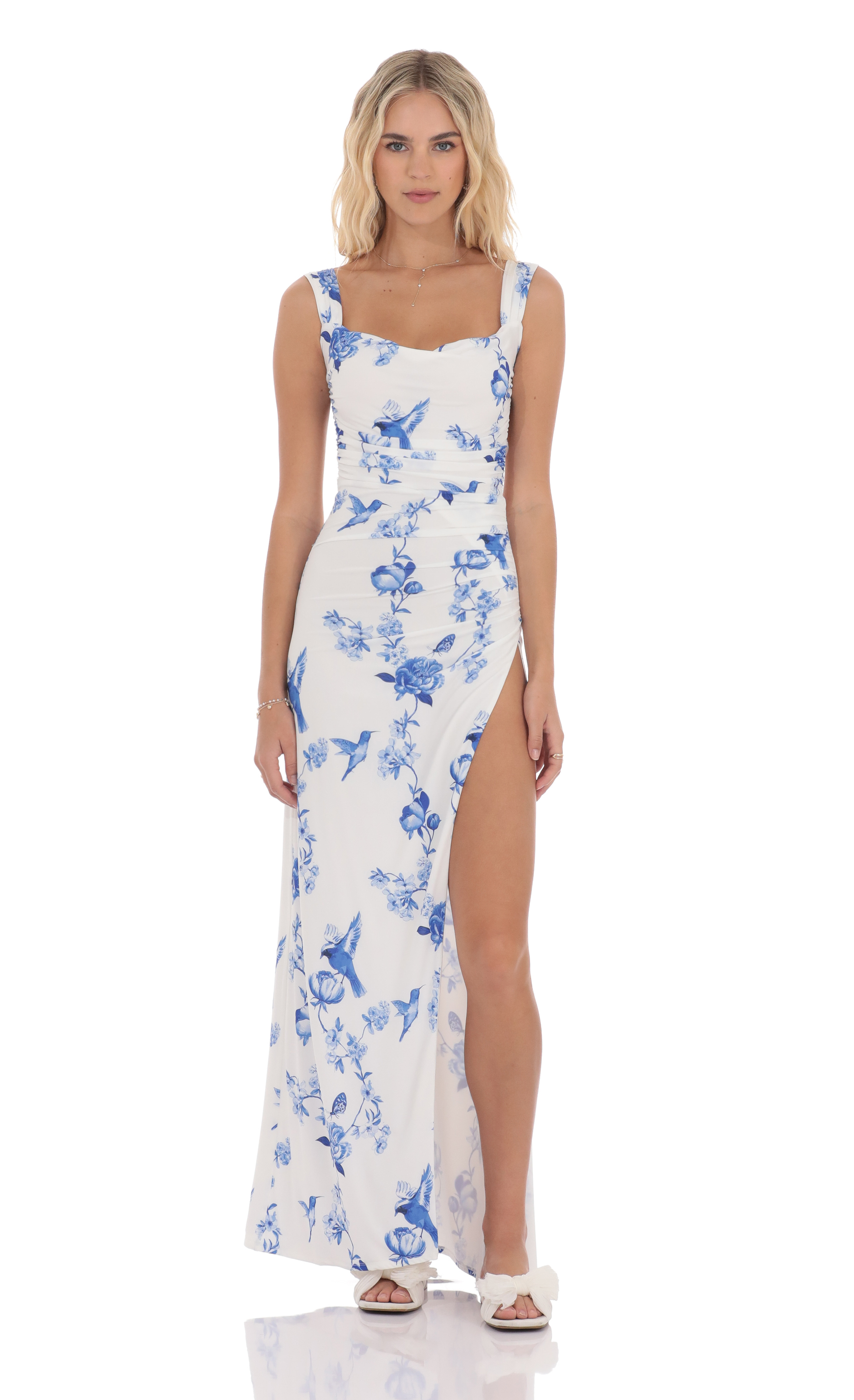 Floral Open Back Bow Maxi Dress in White - luluinthesky