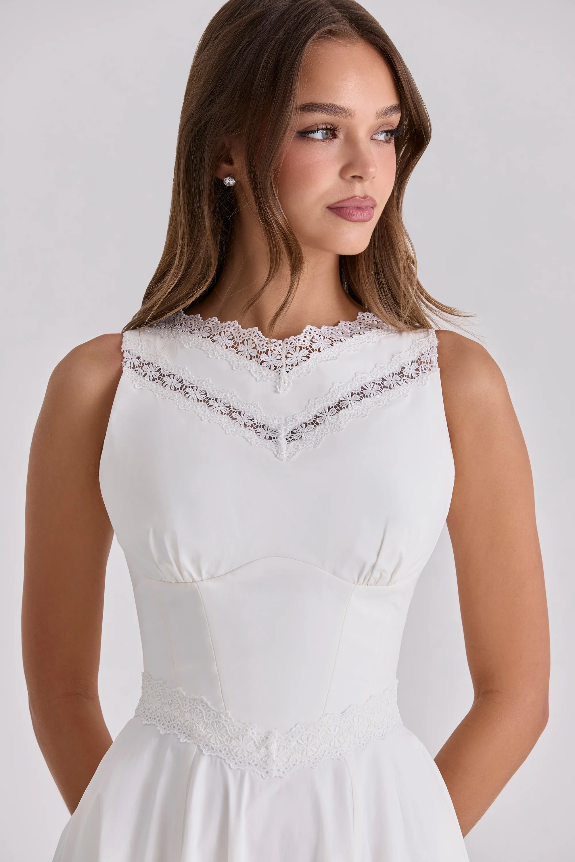 white cotton lace trim waist cinch midi dress - luluinthesky