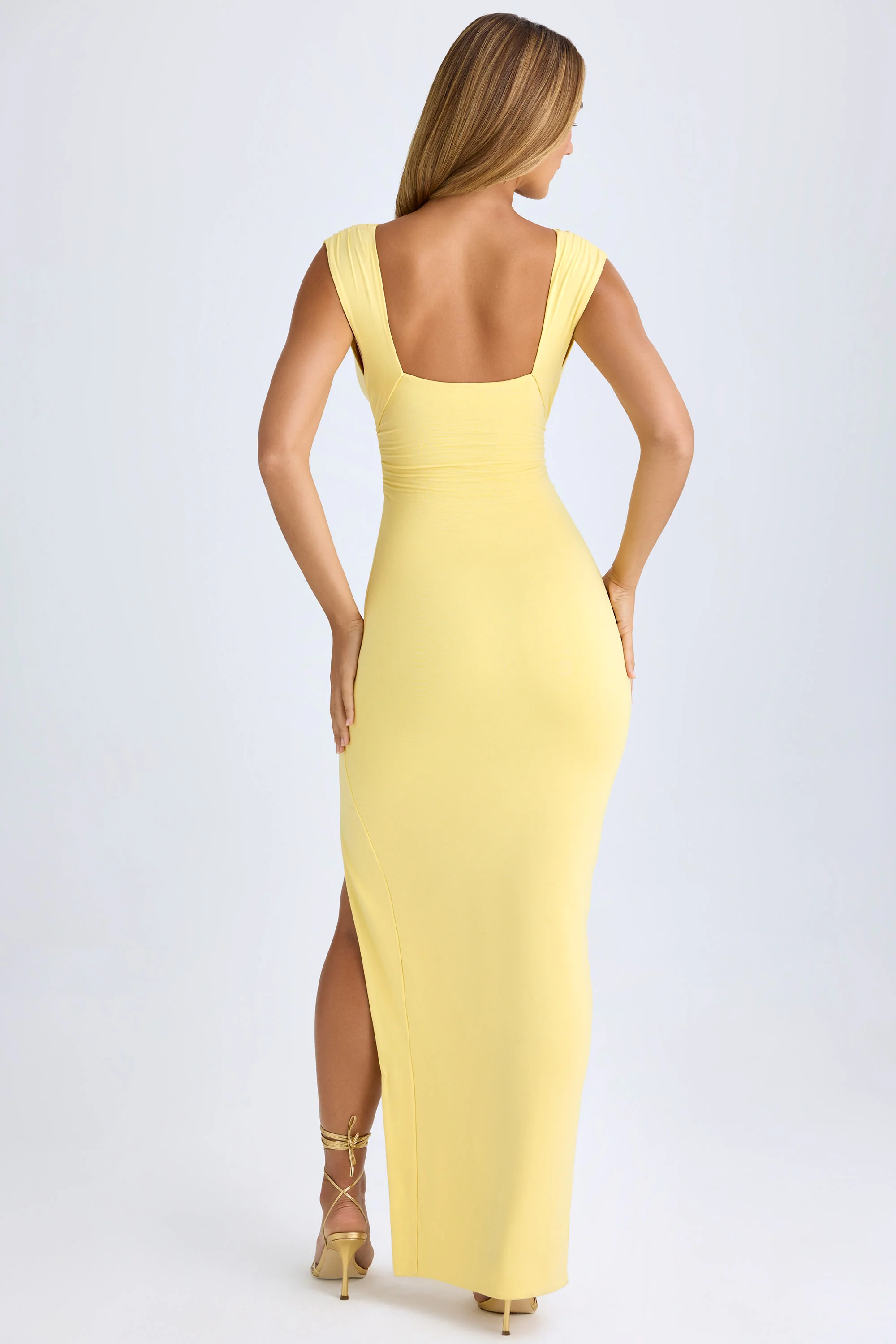 Modal Plunge-Neck Thigh-Split Maxi Dress in Lemon Sherbet