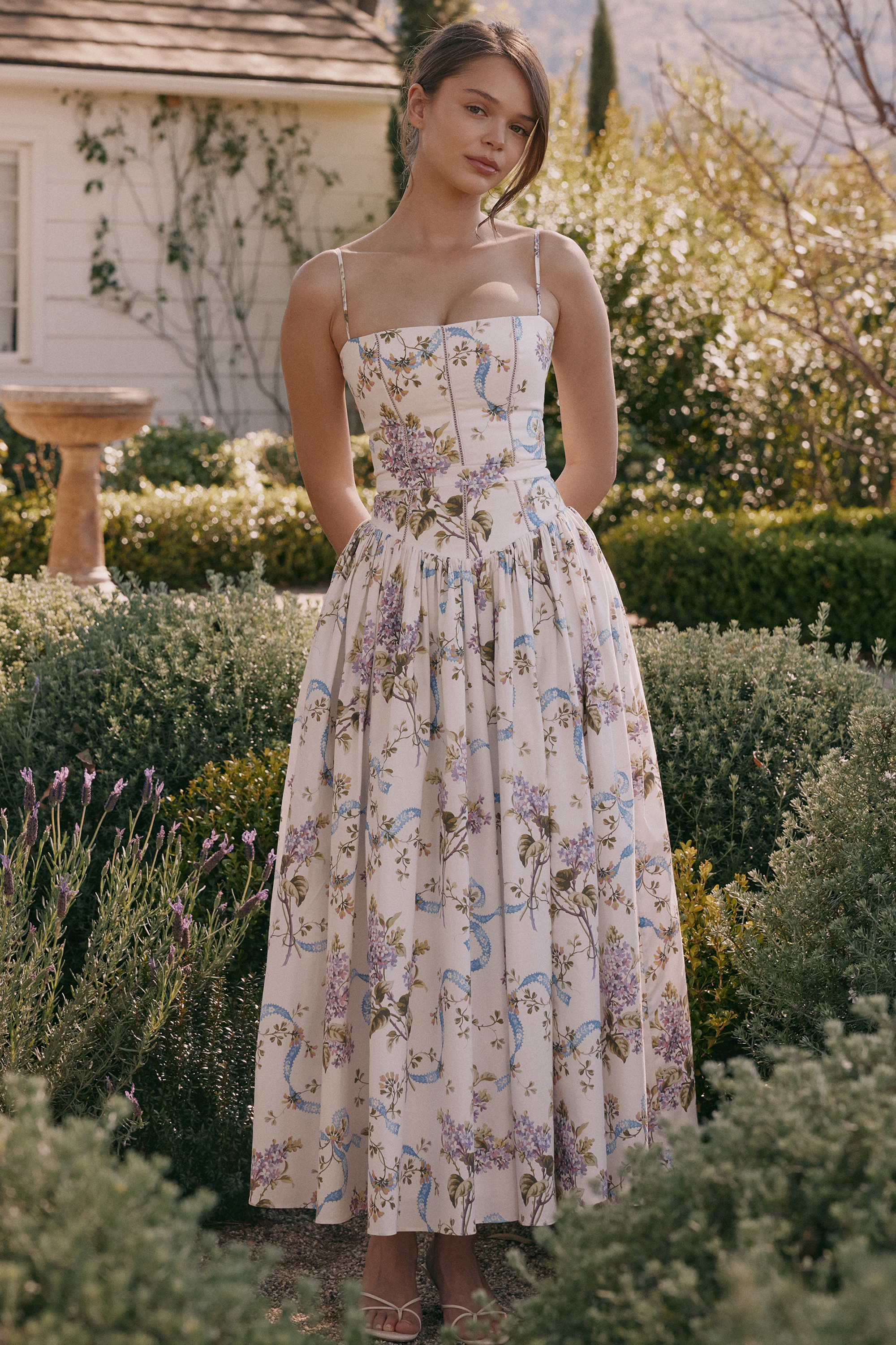 off white vintage ribbon print cotton midi sundress