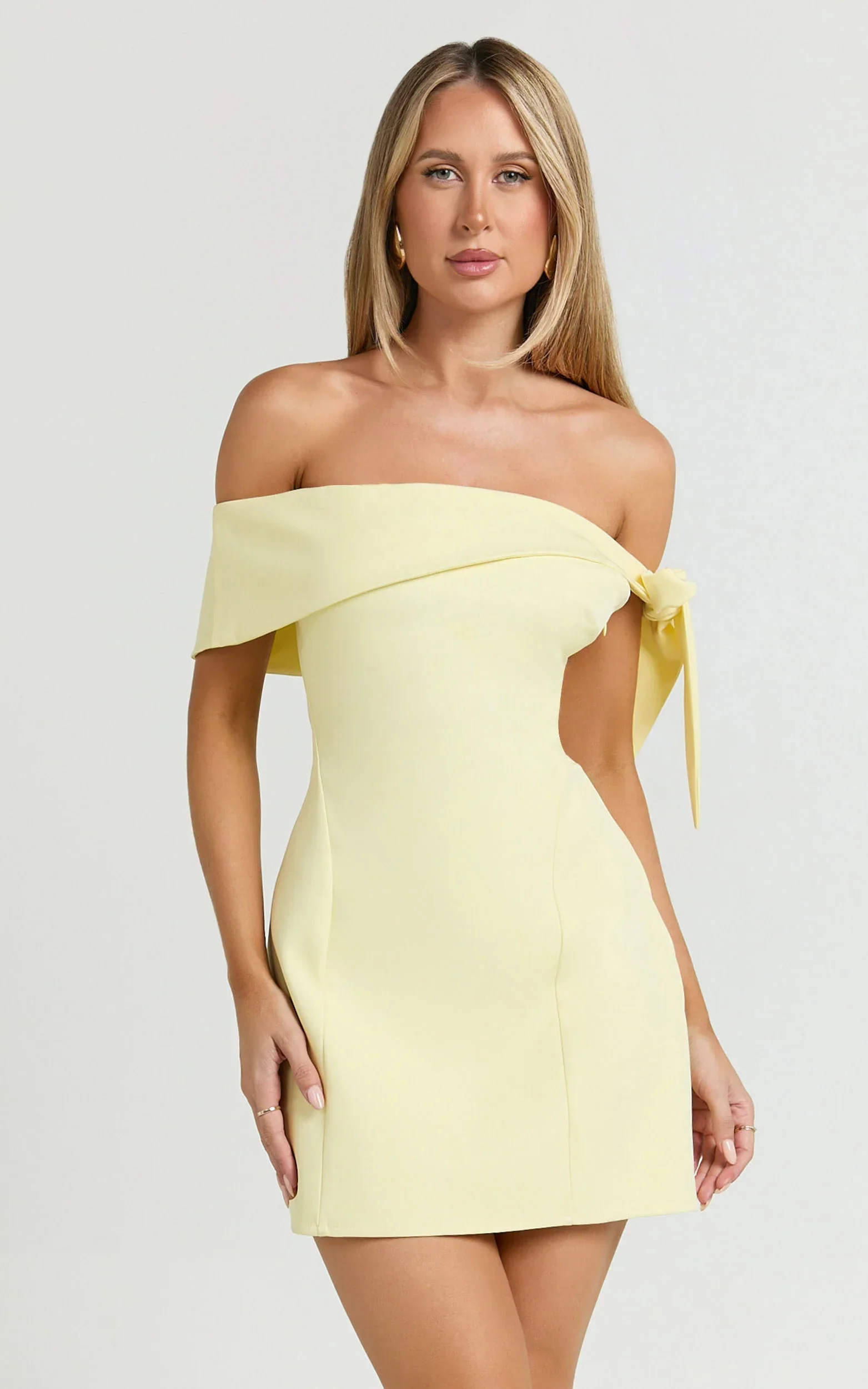 Cecilia Mini Dress - Off Shoulder Tie Detail Dress in Lemon