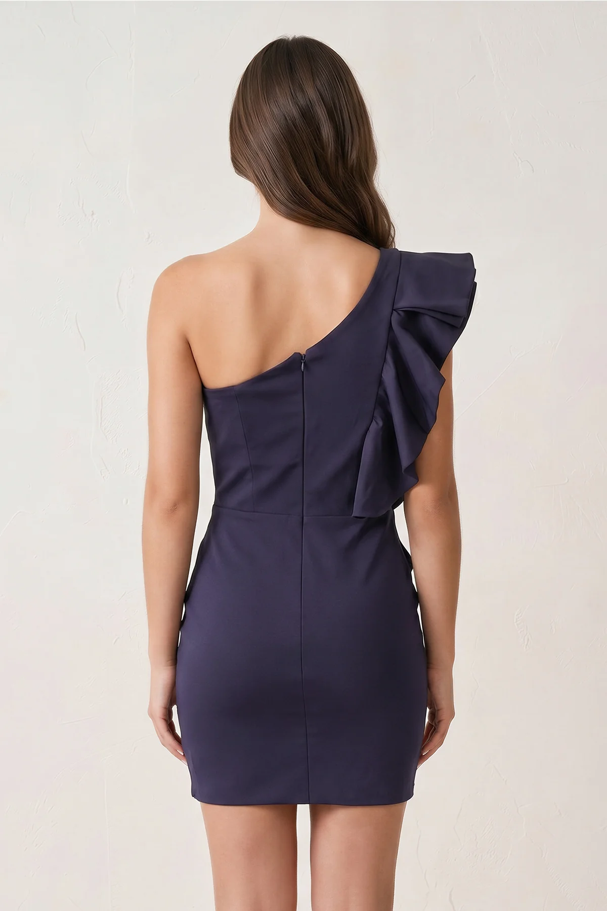 Sheath Navy One-Shoulder Ruffled Mini Homecoming Dress With Slit