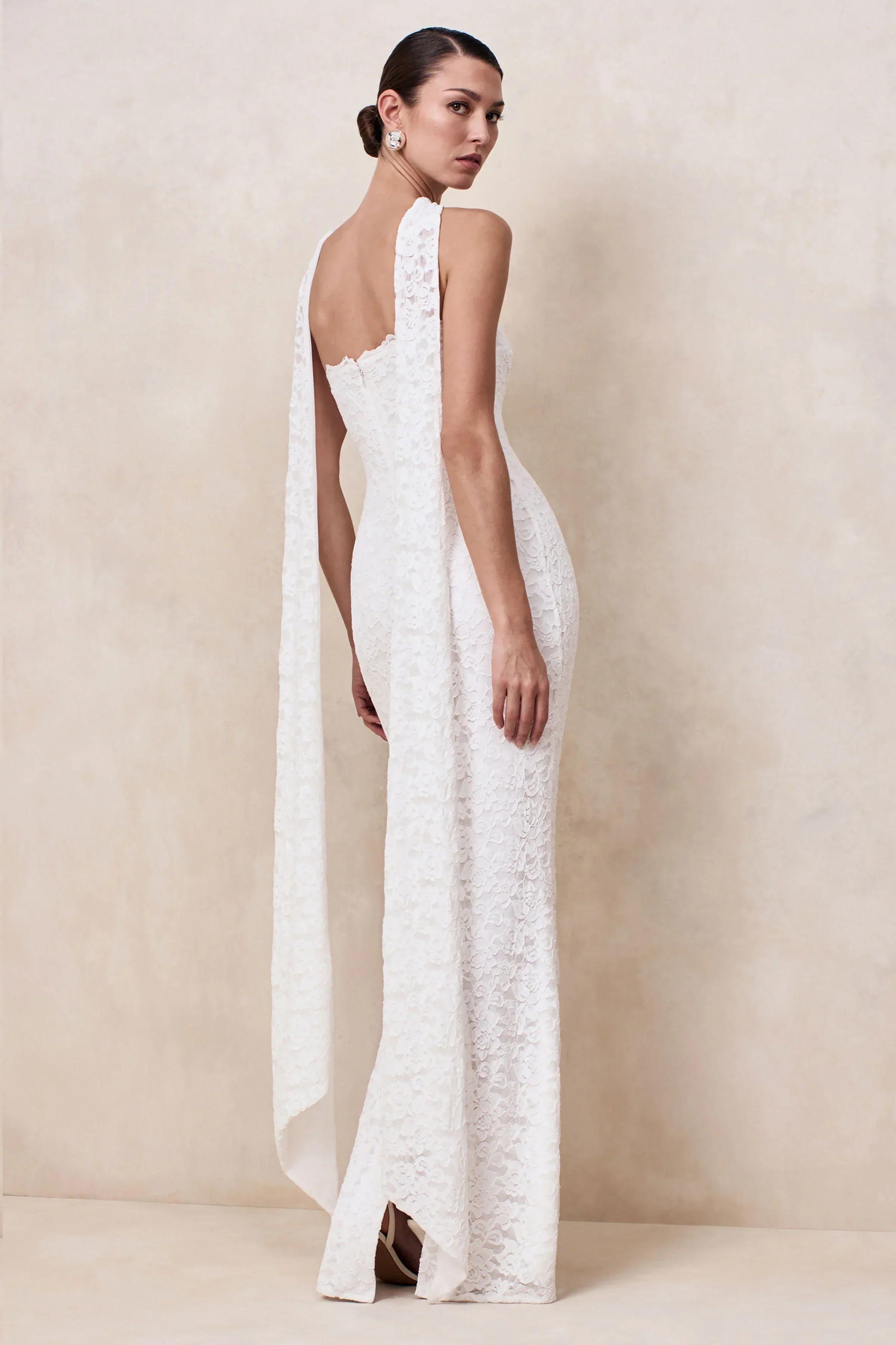 Massima | White Lace Bandeau Maxi Dress With Scarf-Detail