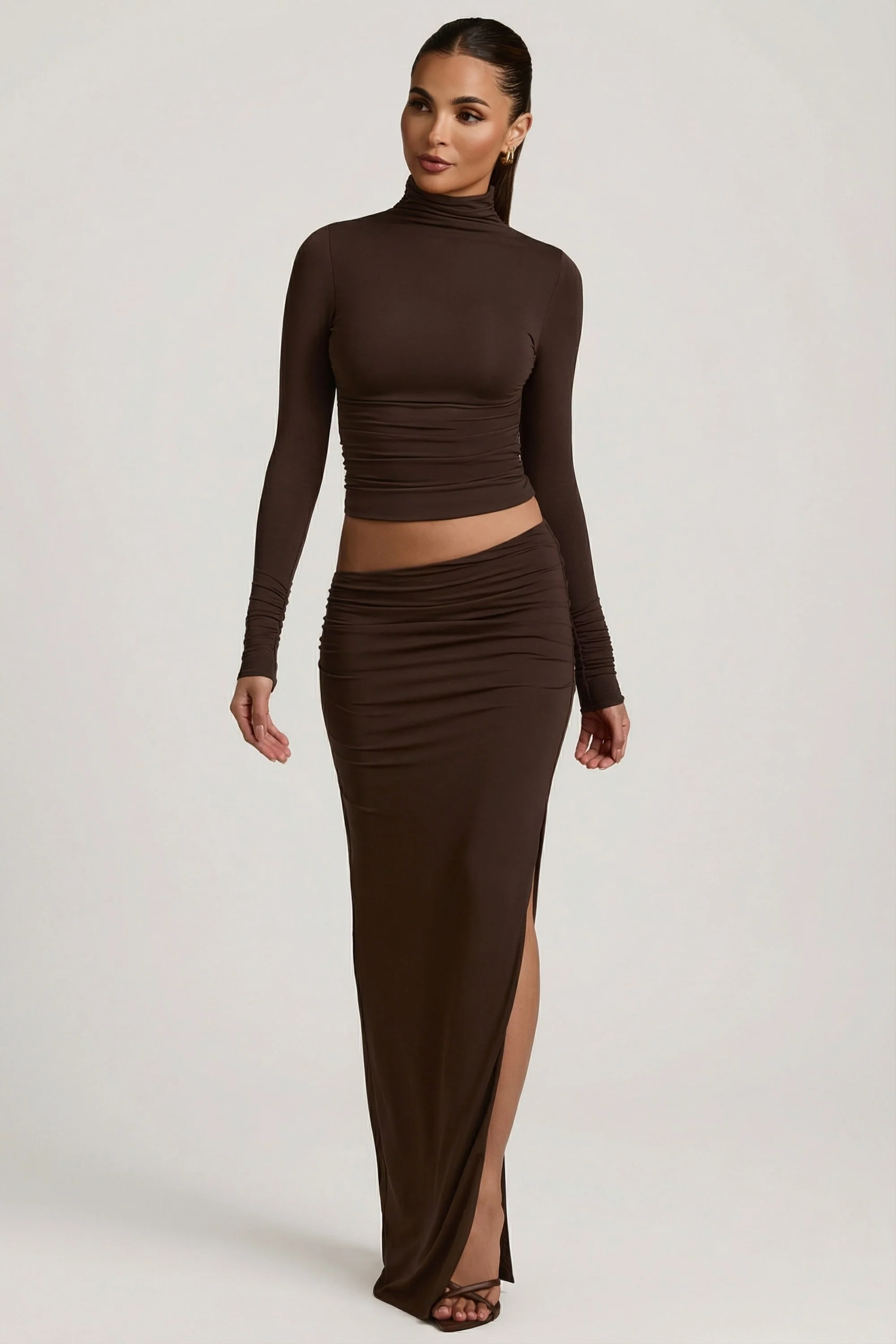 Modal Asymmetric-Waist Maxi Skirt in Chocolate Brown