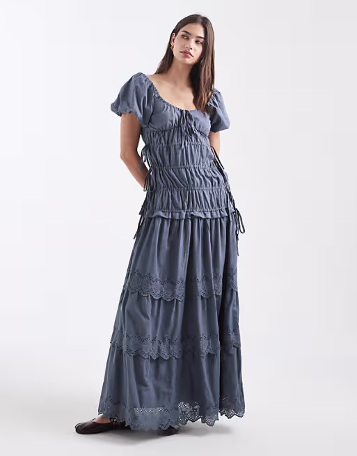 Daisy Street eyelet shirred maxi dress with puff sleeves in blue gray