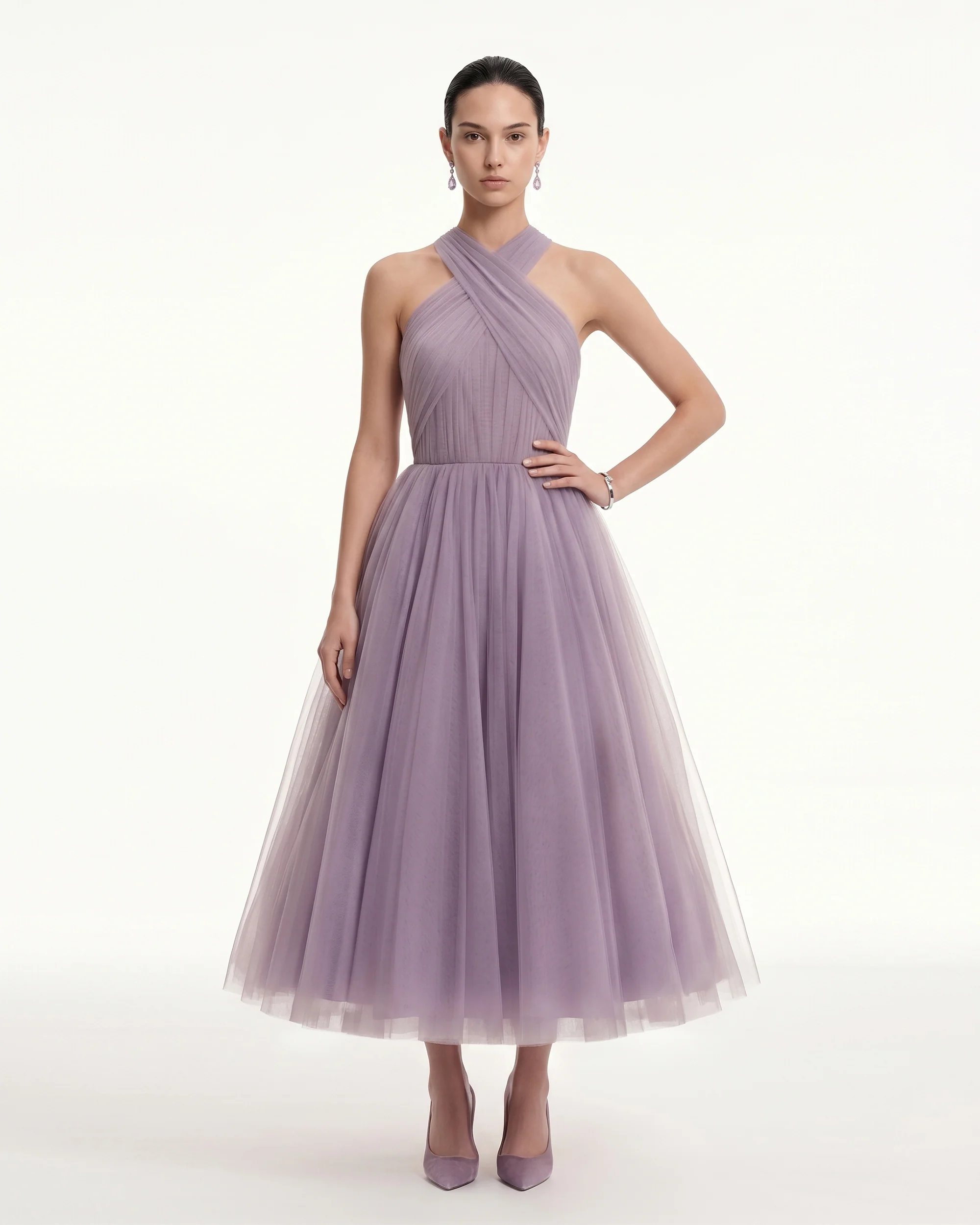 Tulle Cross Halter A-Line Midi Dress - Dusty Mauve