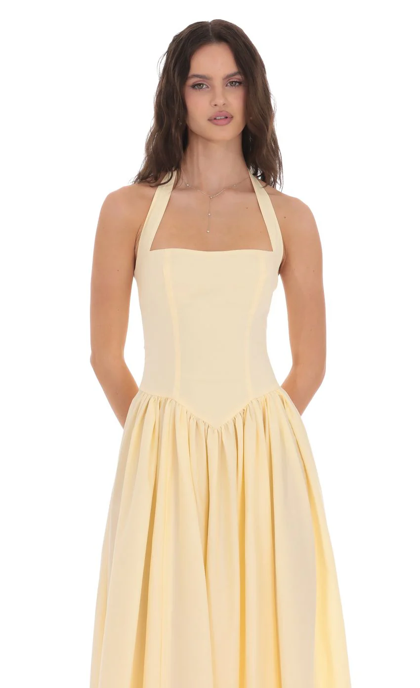 Halter Midi Dress in Yellow - luluinthesky