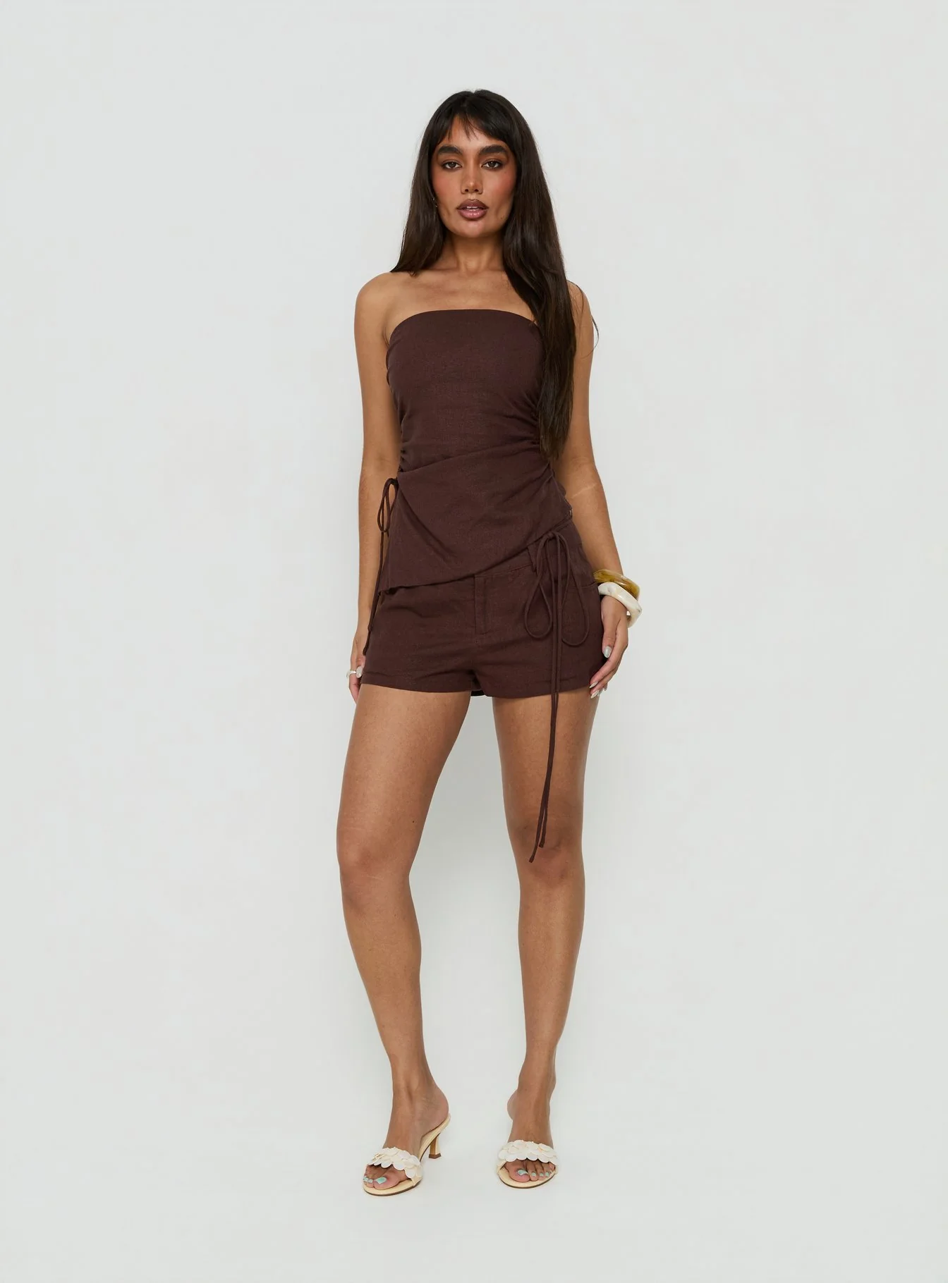 Defined Strapless Gathered Linen Blend Top Brown