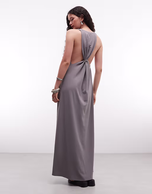 Weekday maxi dress with deep v neck and racer back metal detail in gray