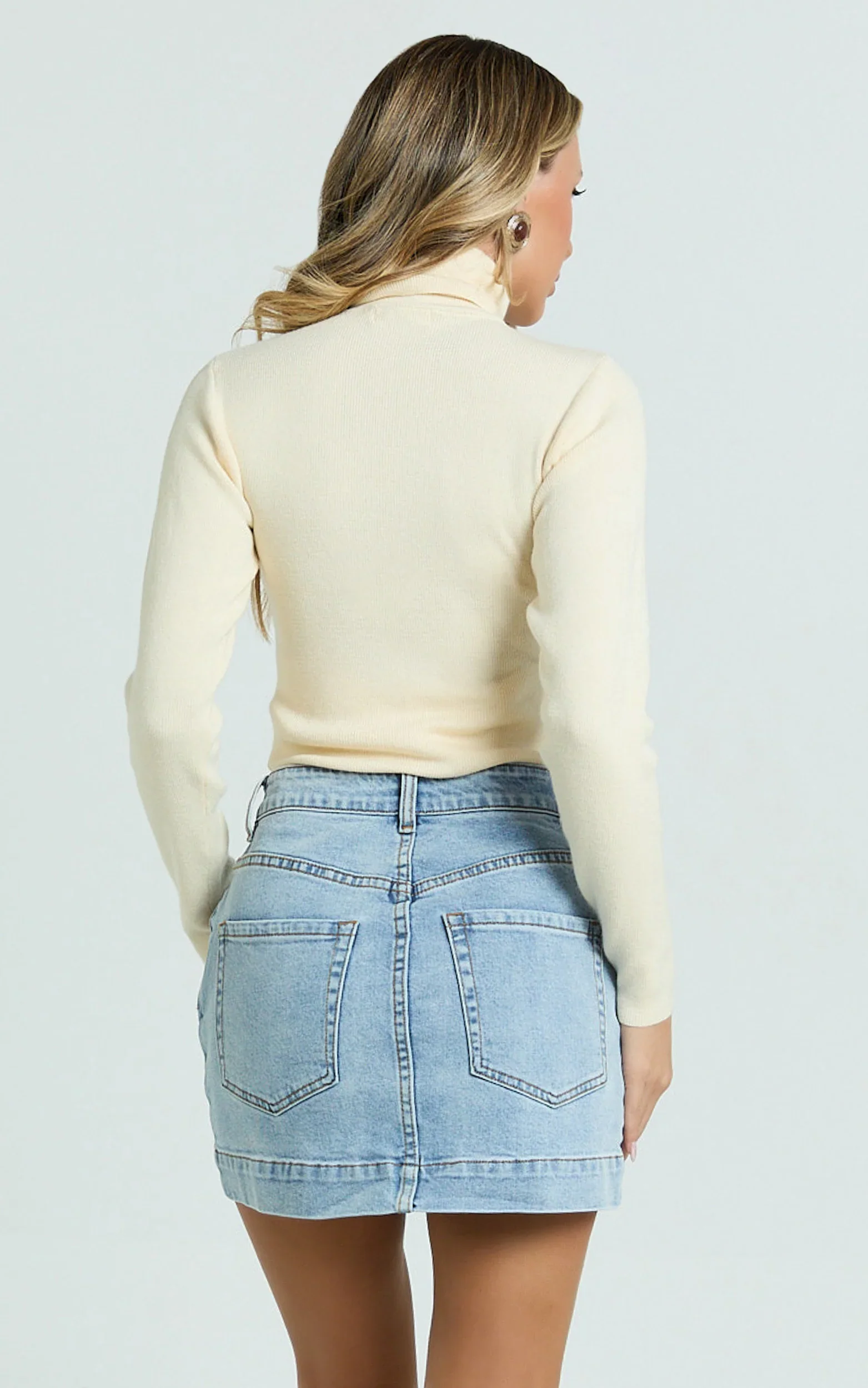 Natalie Top - Long Sleeve Roll Neck Knitted Top in Cream