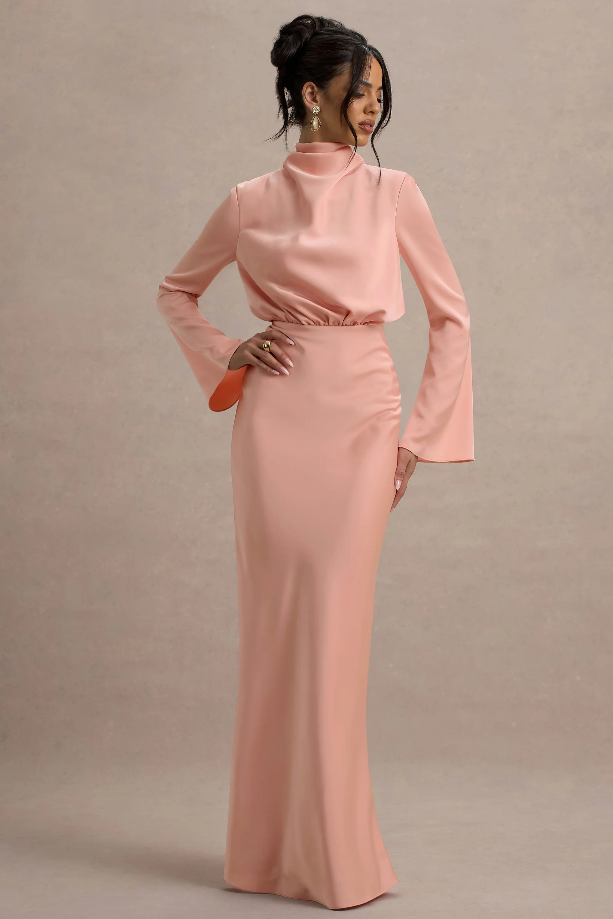 Celina | Light Pink Satin High-Neck Maxi Dress