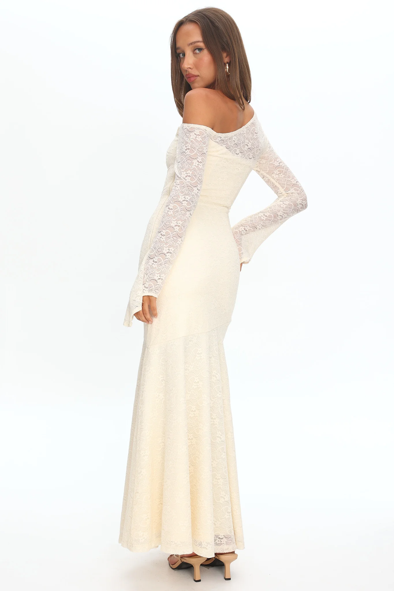 Lylah Asymmetric Neckline Long Sleeve Maxi Dress Lace Butter