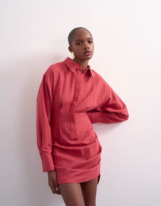Topshop gathered skirt mini shirt dress in rust