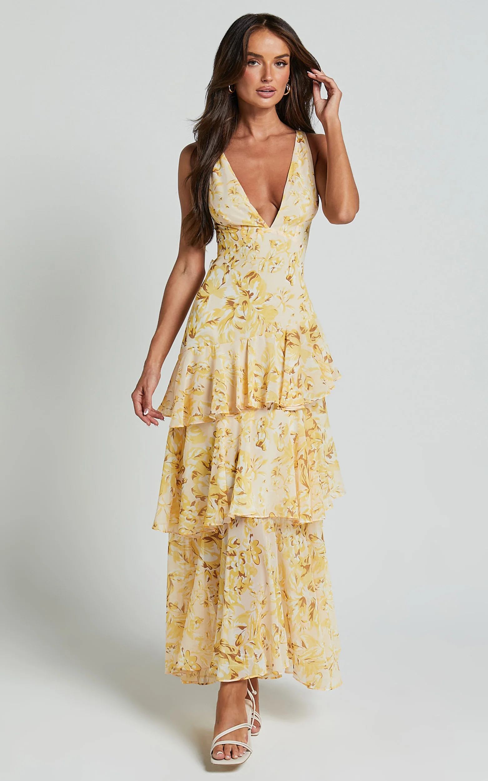 Beryl Midi Dress - Deep V Neck Sleeveless Layered Dress in Yellow Floral