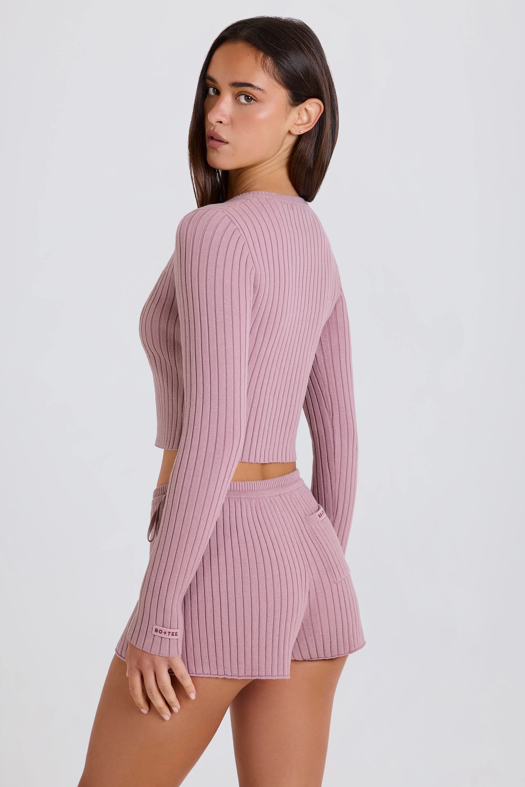Ribbed Knit Button Cardigan in Mauve