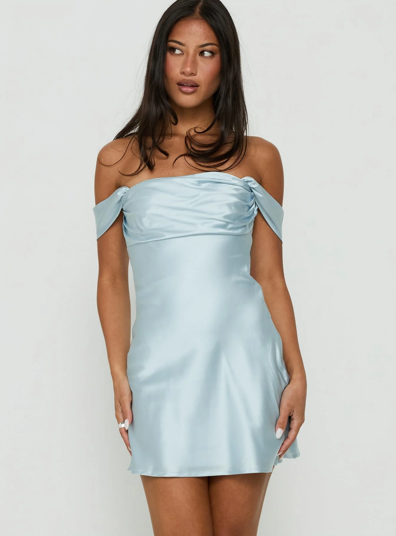 Zabbarra Satin Off The Shoulder Mini Dress Blue