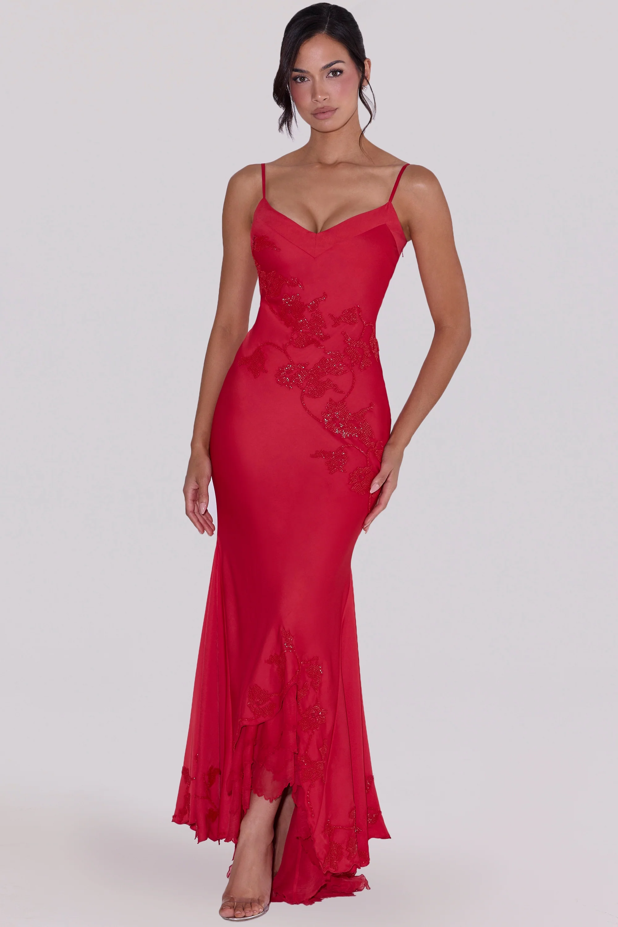 Red Hand Beaded Embellished Satin Maxi Dress - Limited Edition