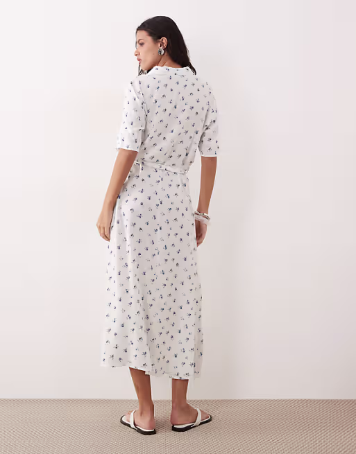 JDY tie waist midi dress in white ditsy floral