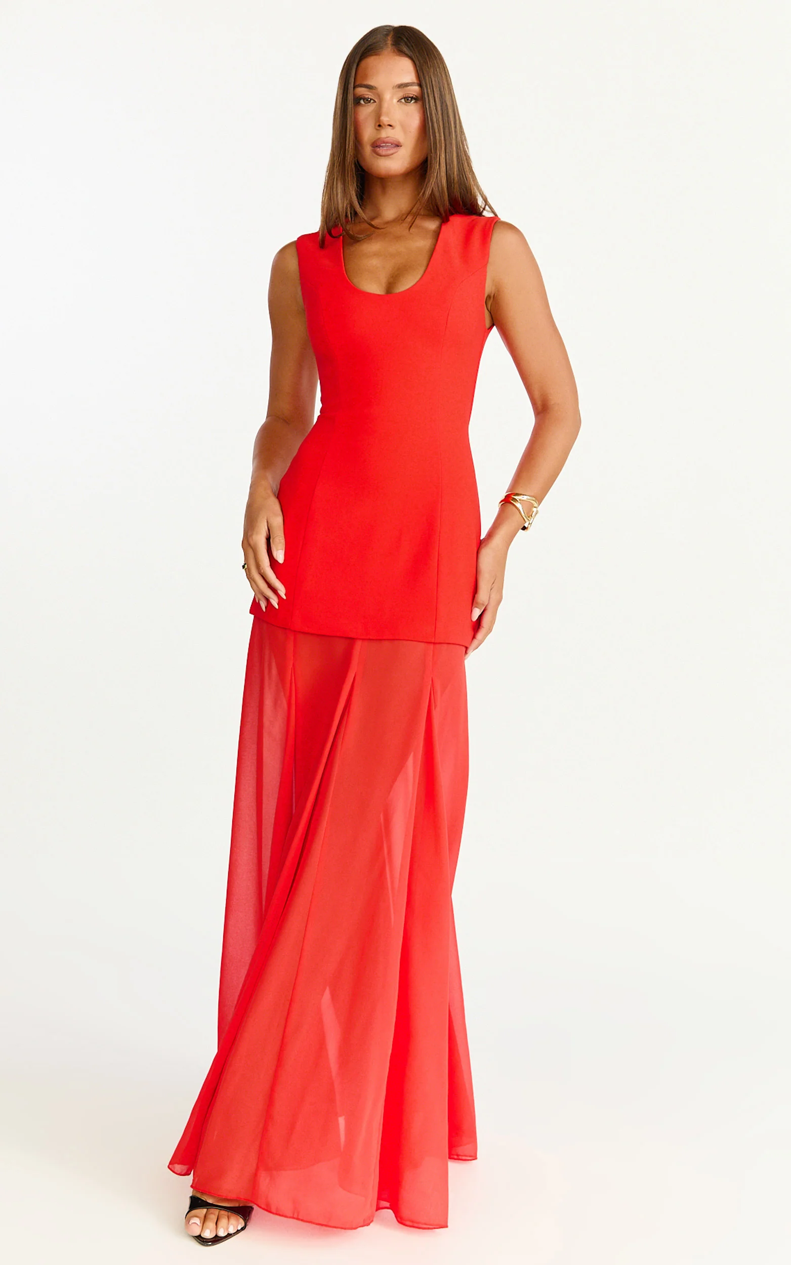 Frances Maxi Dress - Contrast U Neck Godet A Line Dress in Red