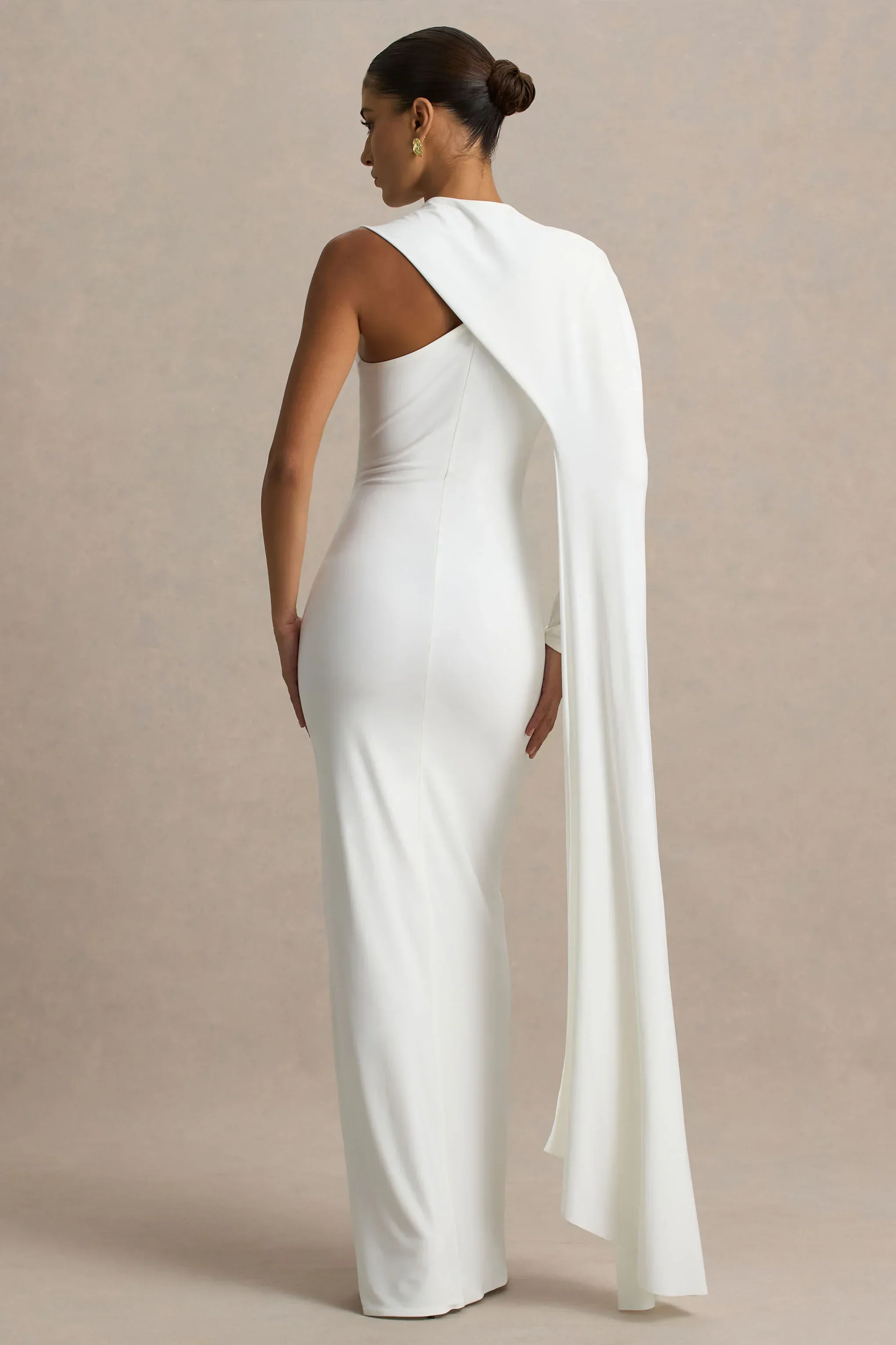 Dawn | Cream High-Neck Maxi Dress With One Long-Sleeve And Cape